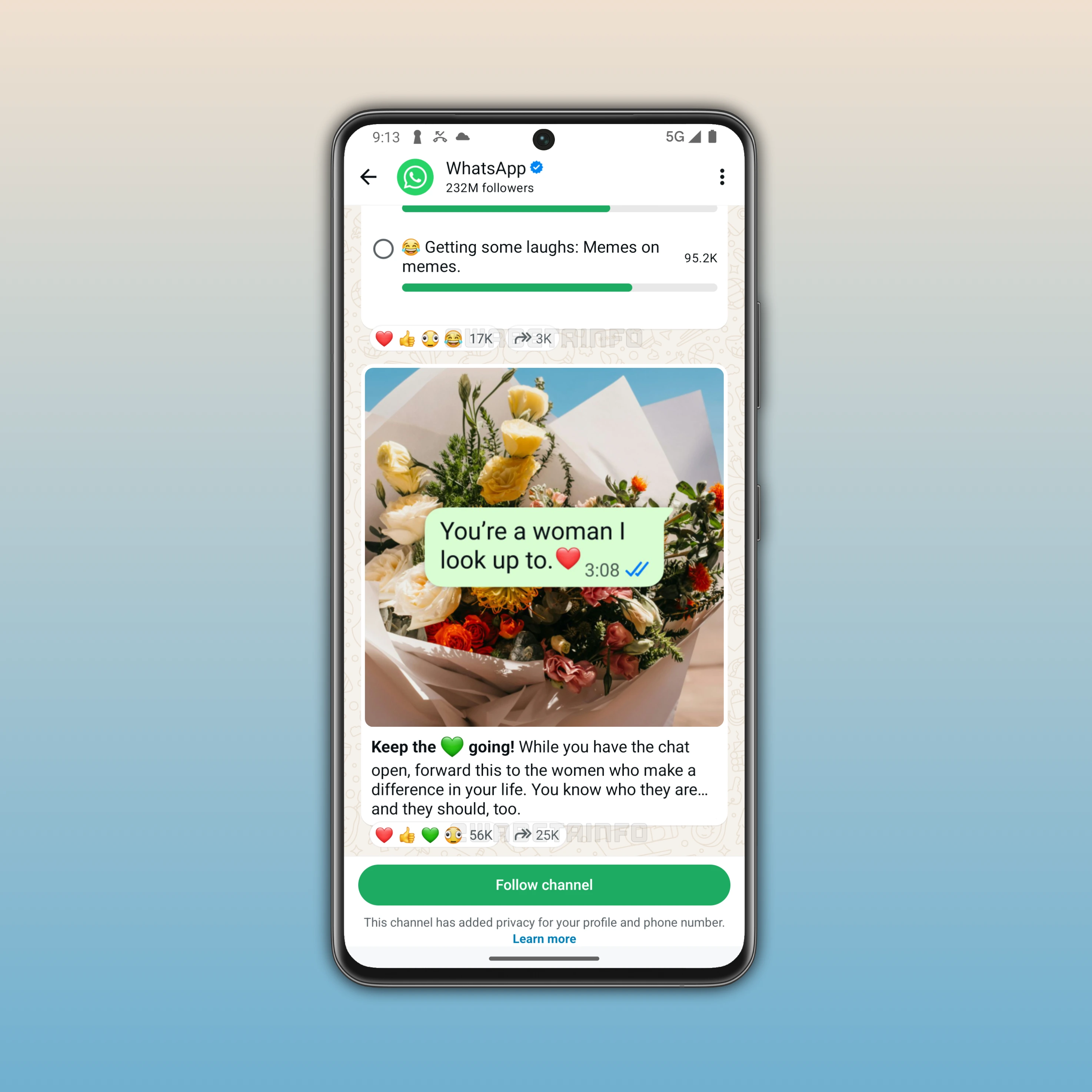 The image shows how many times any channel update has been forwarded on WhatsApp beta for Android