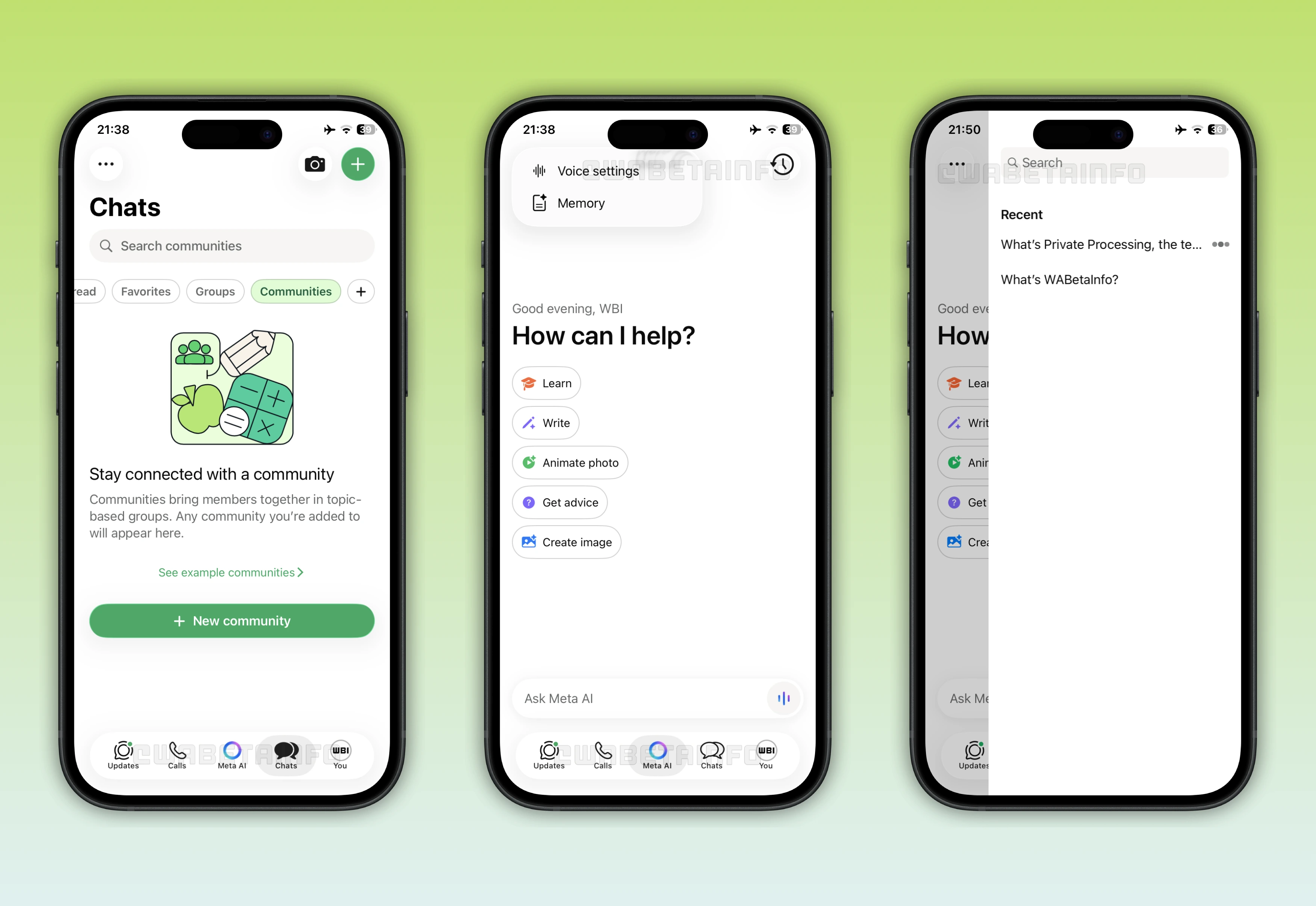 The image shows a new tab dedicated to Meta AI on WhatsApp beta for iOS