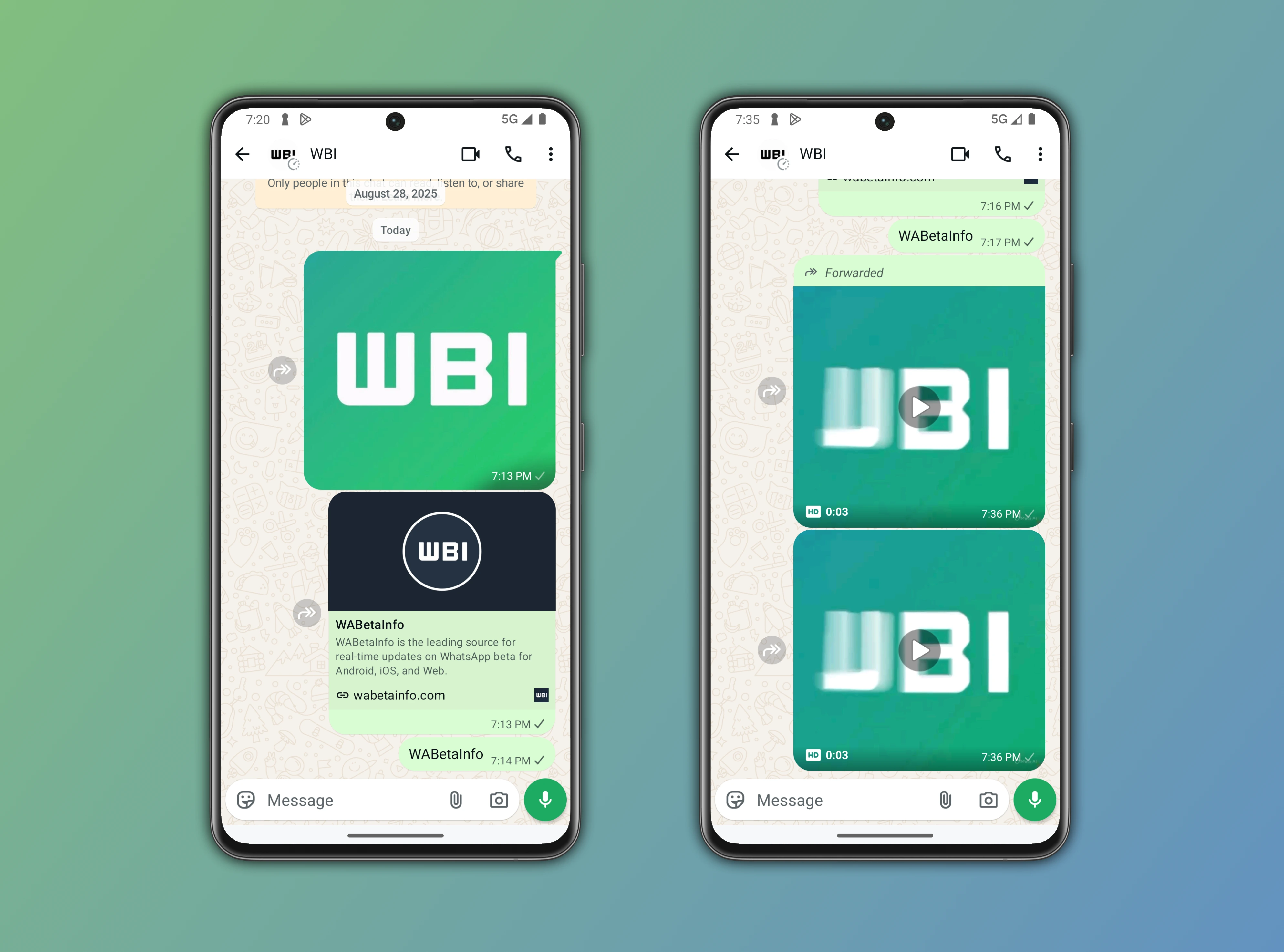 The image shows a new, modern design for message bubbles on WhatsApp beta for Android
