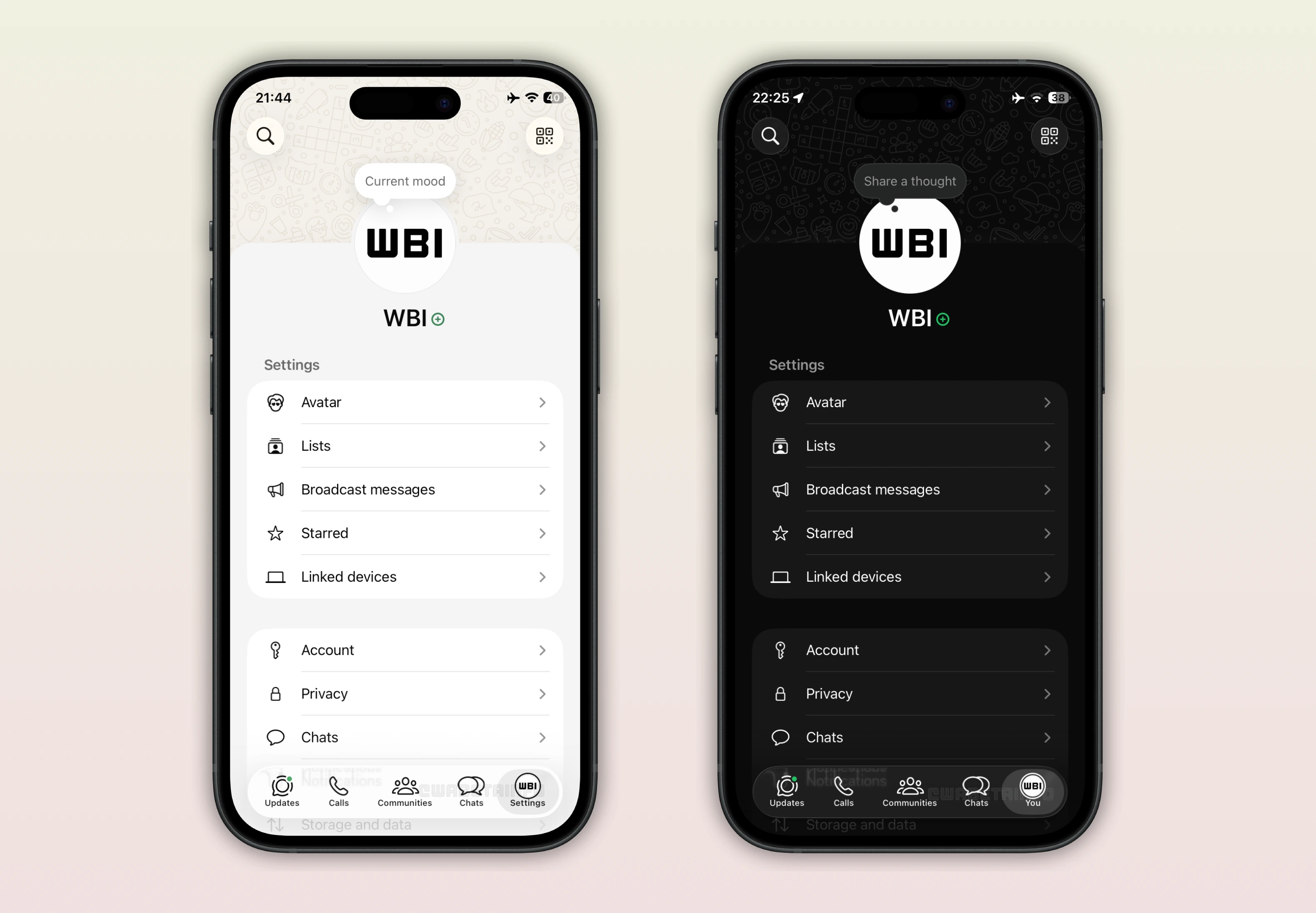 The image shows the new profile tab on WhatsApp for iOS