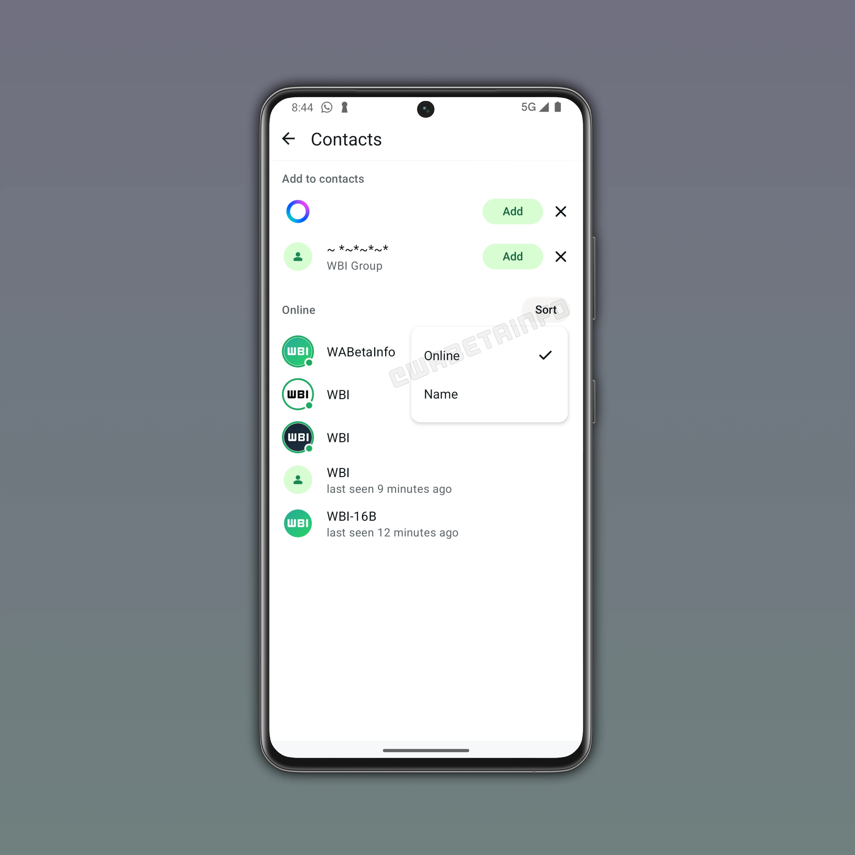 The image shows a feature that allows users to check a list of online contacts on WhatsApp beta for Android