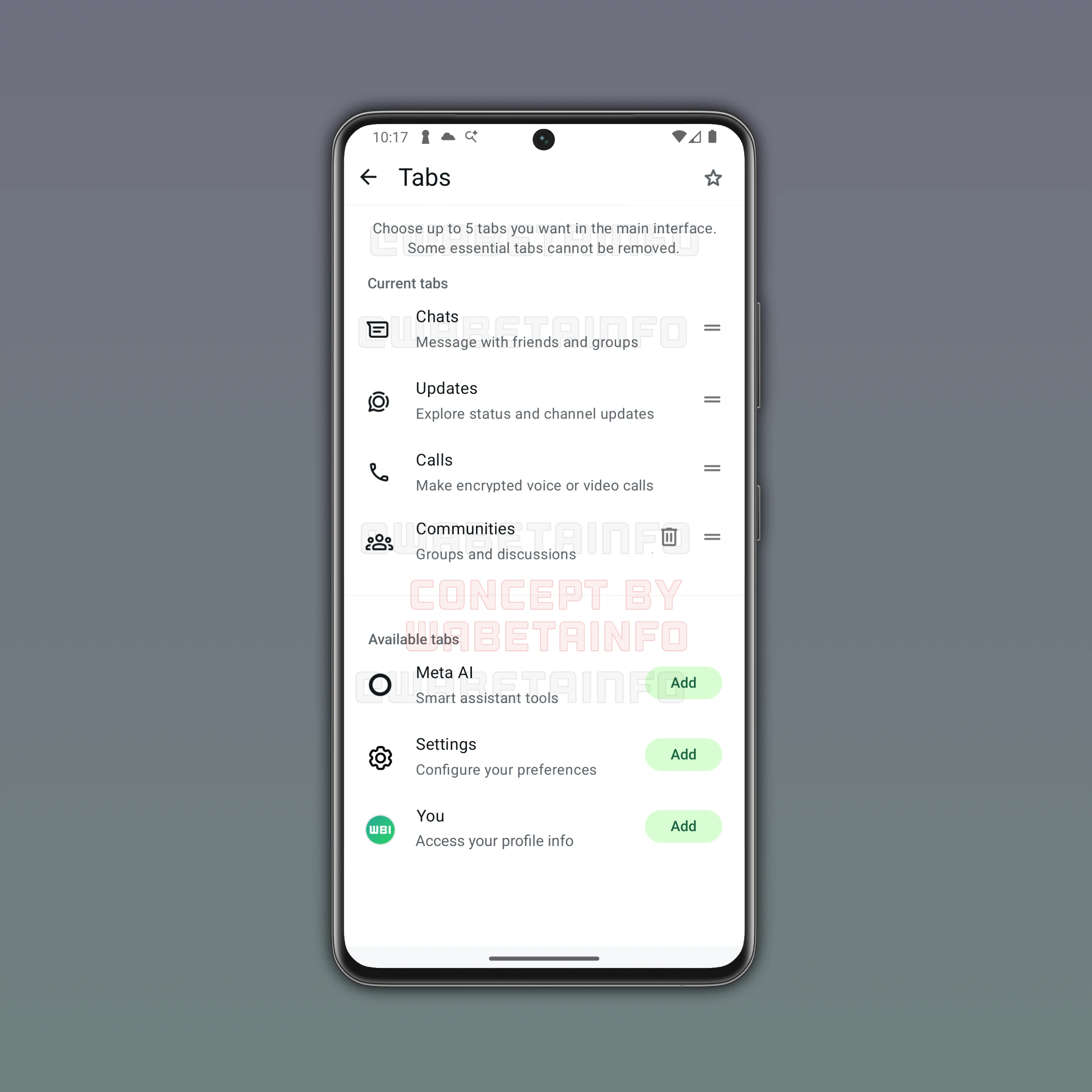 This image shows a concept for a new feature on WhatsApp. The feature would let users organize the tabs from the main app interface