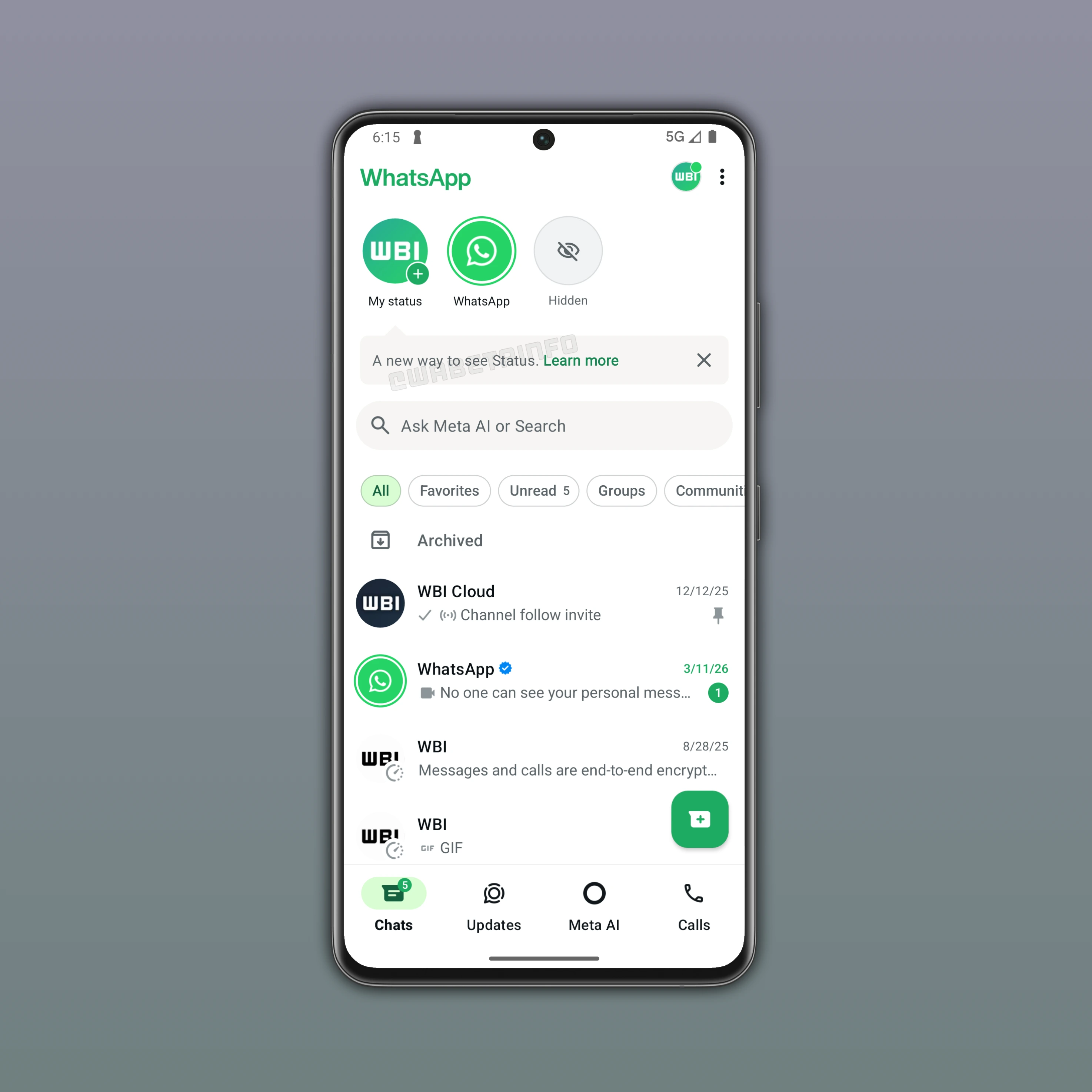The image shows a feature that allows users to view status updates from the Chats tab