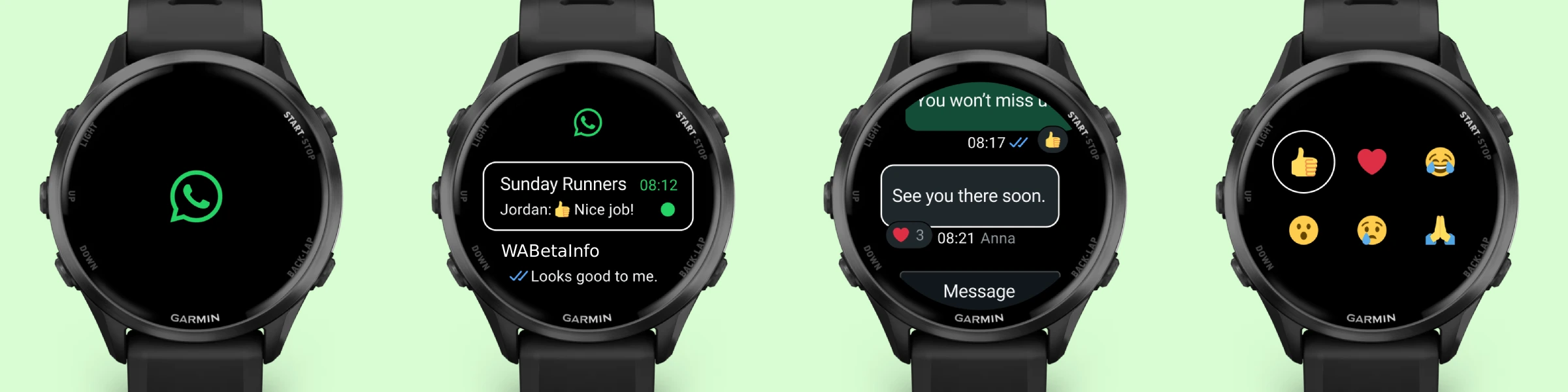 The image shows WhatsApp on the Garmin smartwatch