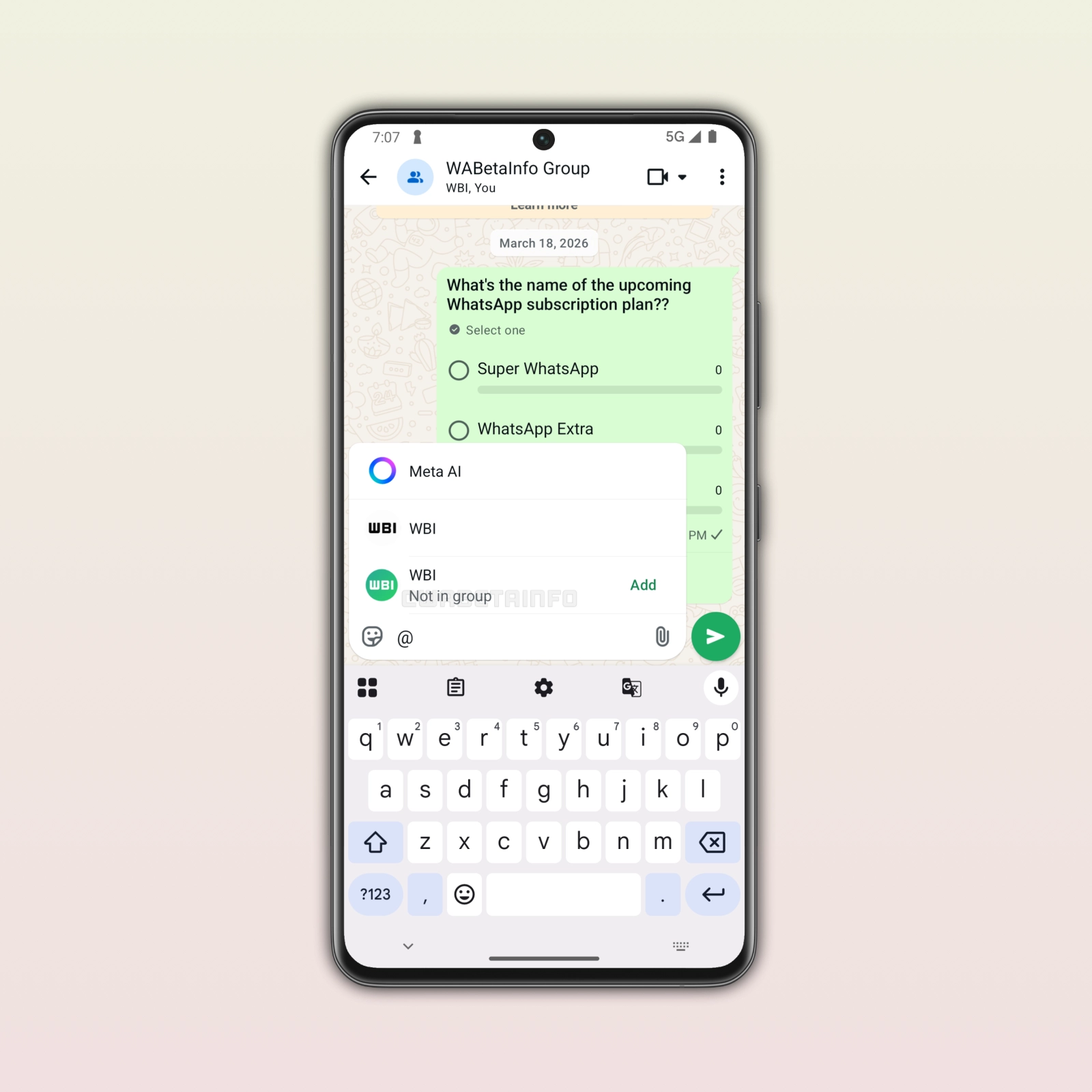The image shows a feature that allows users to add new members to their group chats from the mention picker