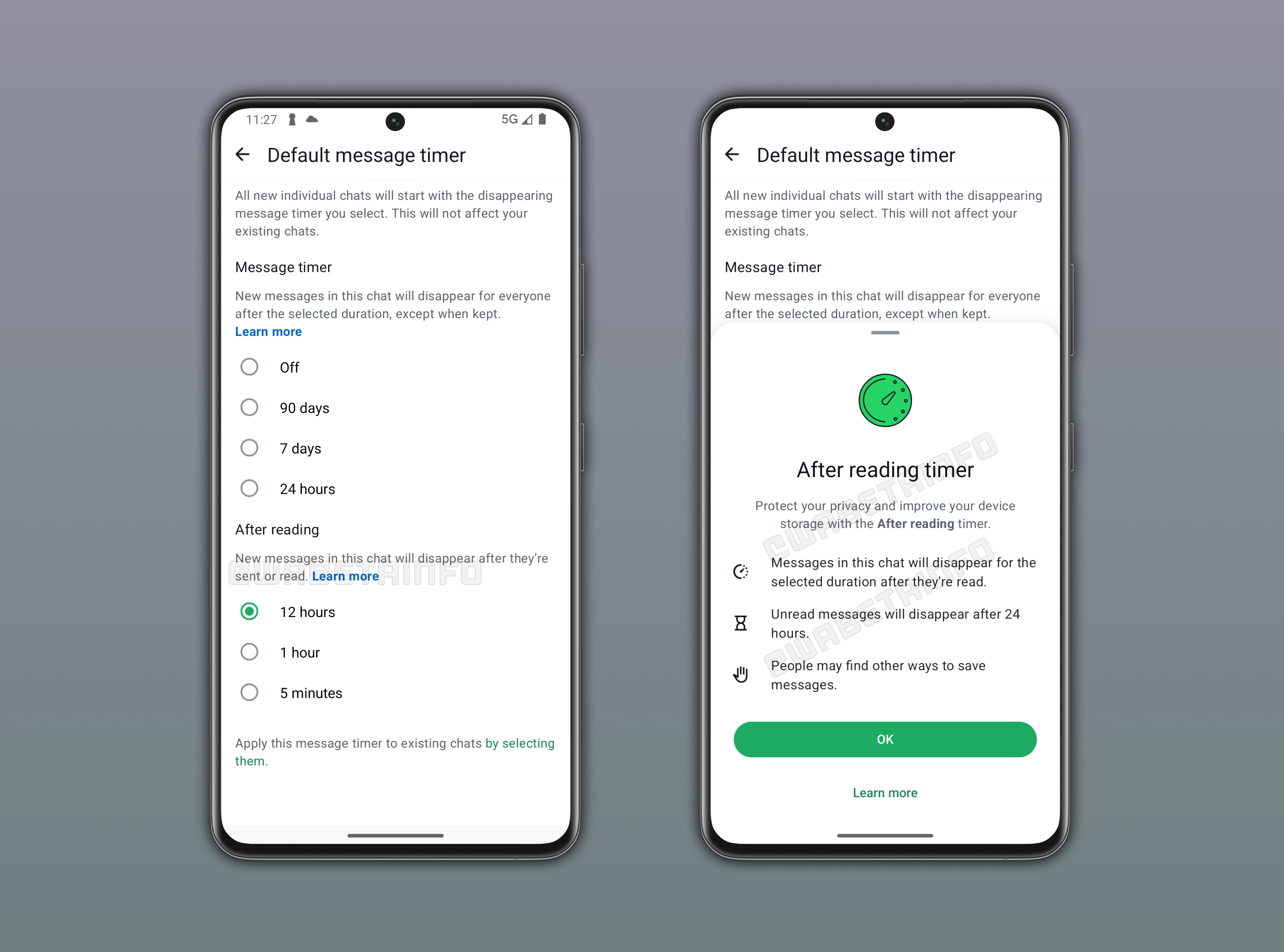 The image shows a feature that makes messages disappear after being read on WhatsApp beta for Android