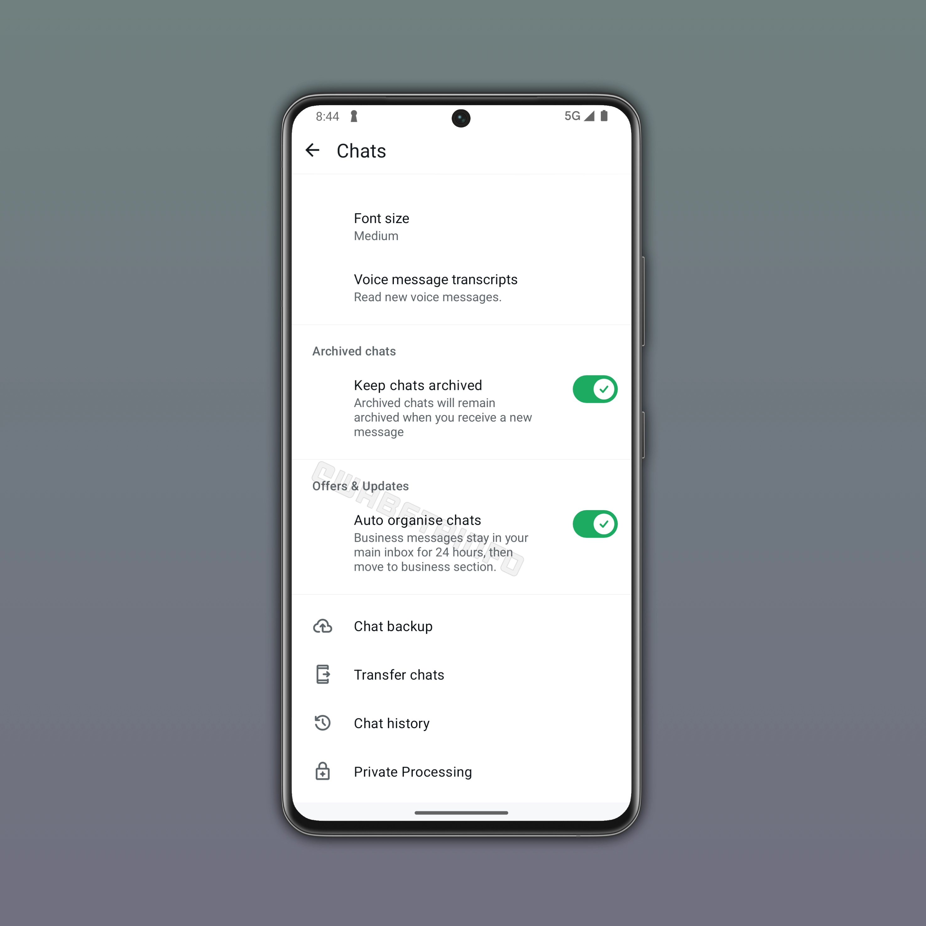 The image shows a feature that lets users automatically manage their business chats on WhatsApp beta for Android