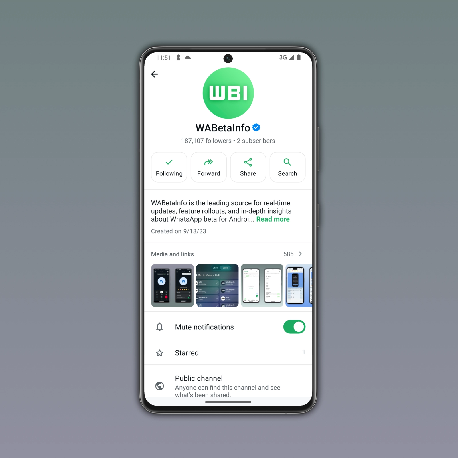 The image shows a feature that lets users see how many people subscribed to a channel on WhatsApp beta for Android