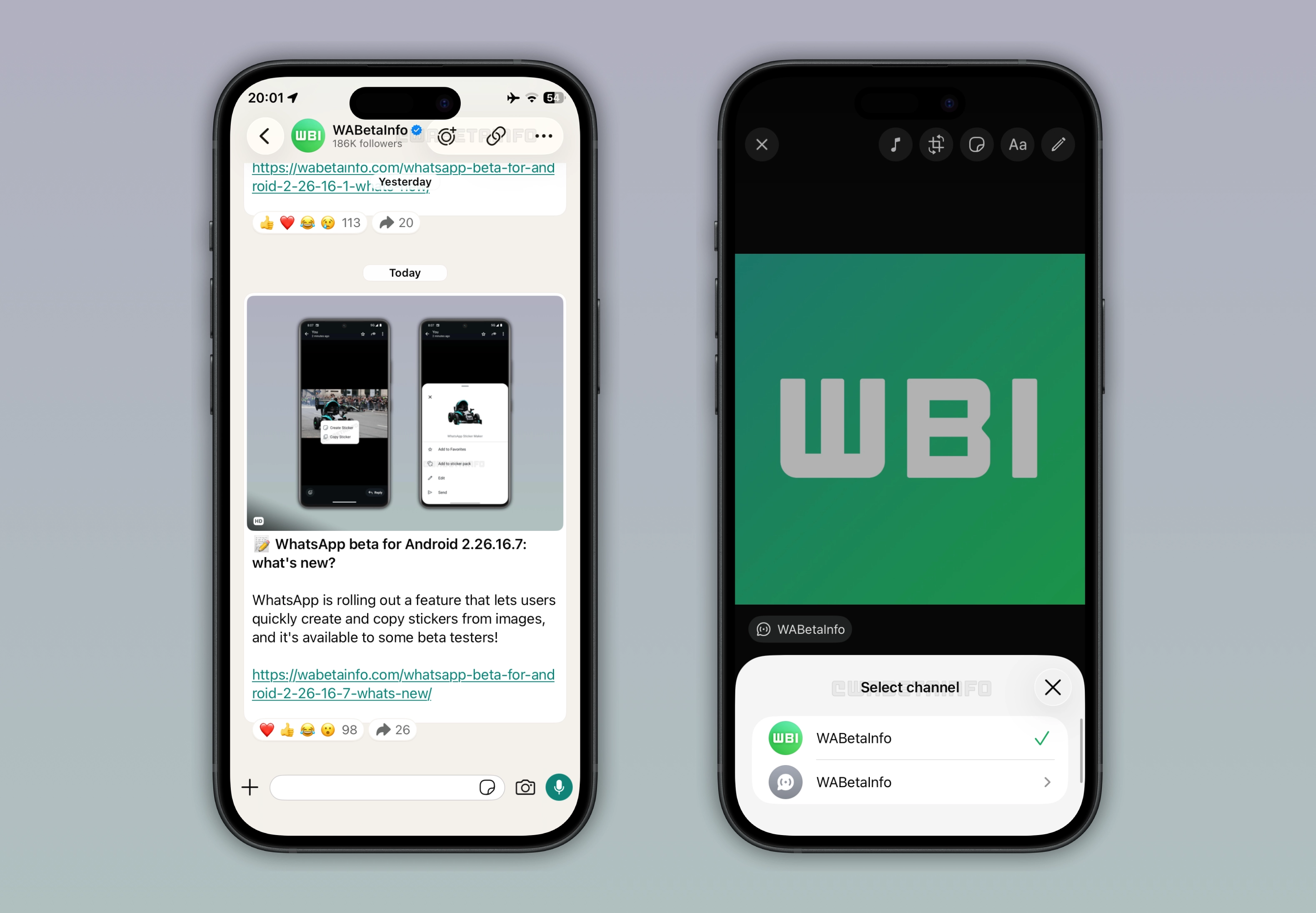 The image shows how to create and share status updates in channels on WhatsApp beta for iOS