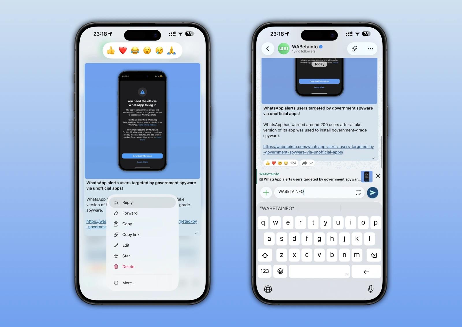 The image shows a feature that allows channel admins to reply to their updates on WhatsApp beta for iOS