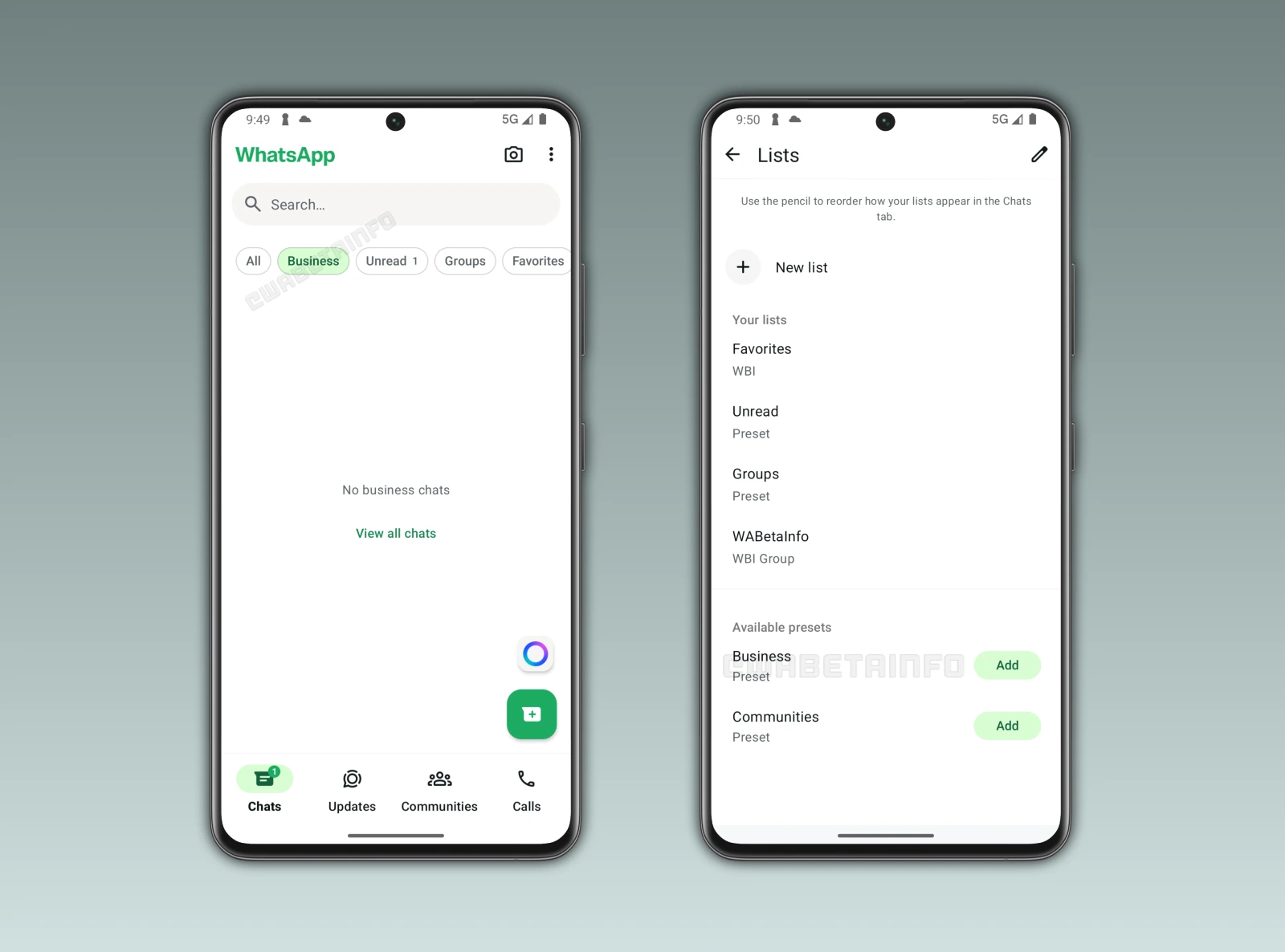 The image shows a feature that allows users to filter business chats on WhatsApp beta for Android