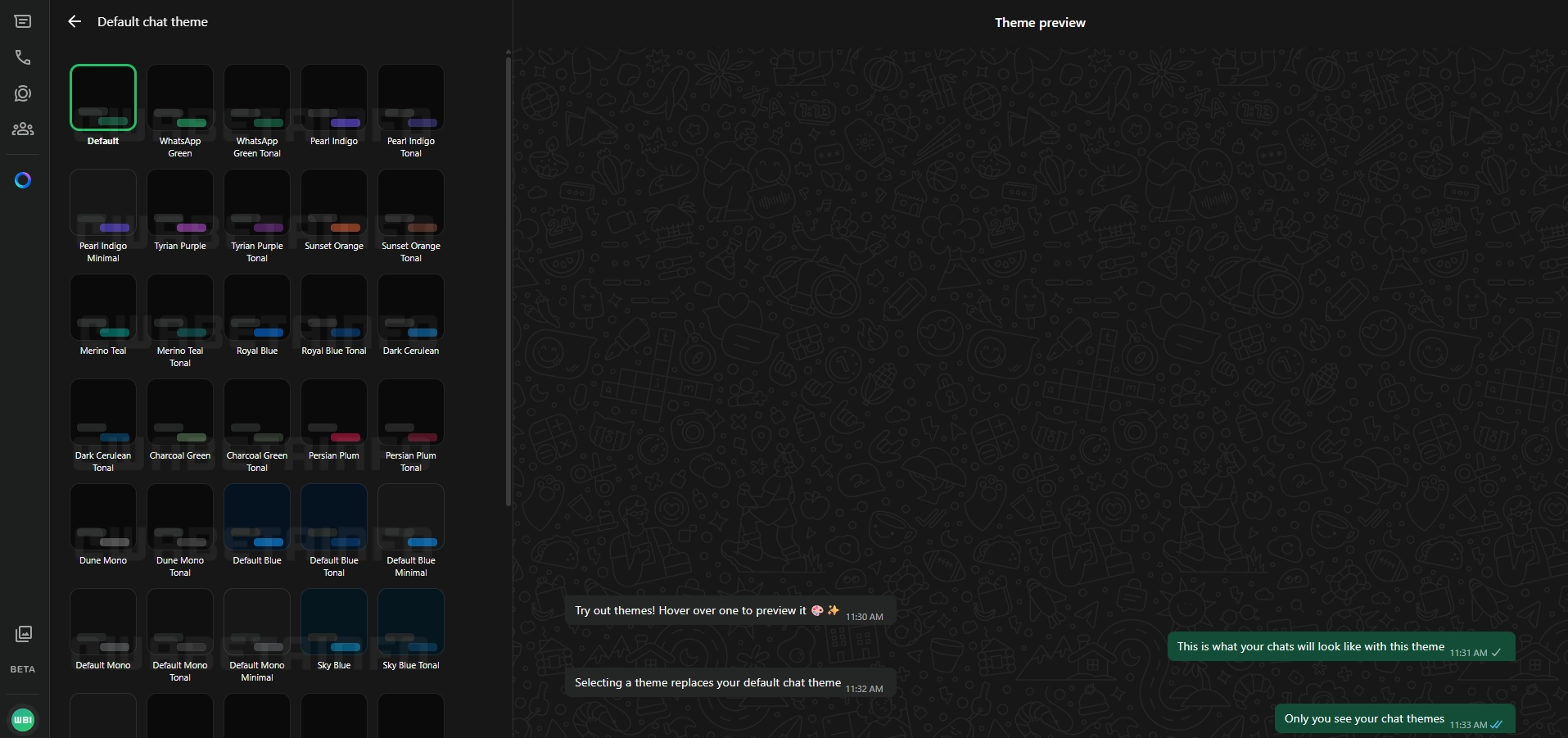 The image shows a feature that lets users choose a chat theme on WhatsApp Web