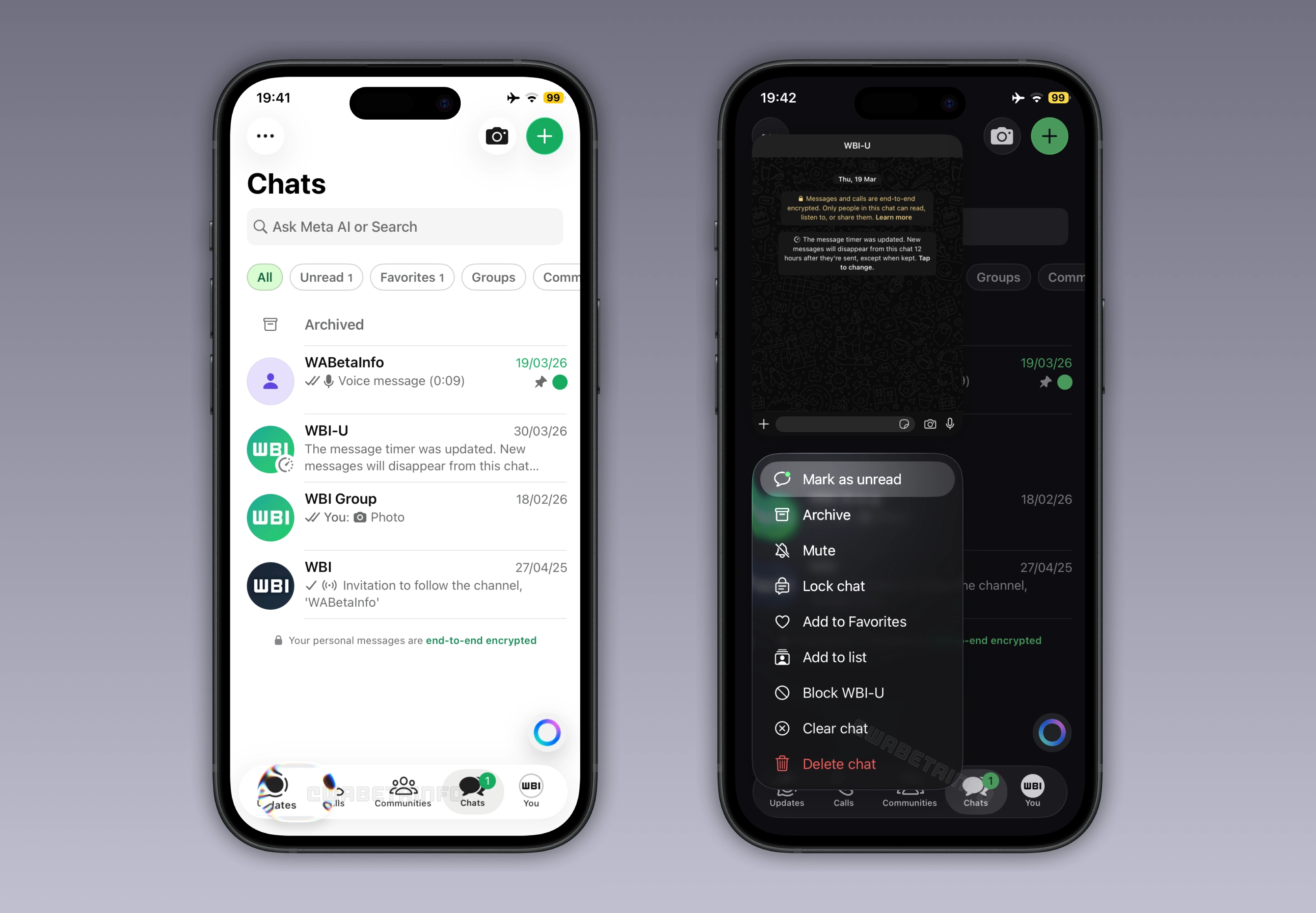 The image shows the Liquid Glass interface on WhatsApp for iOS