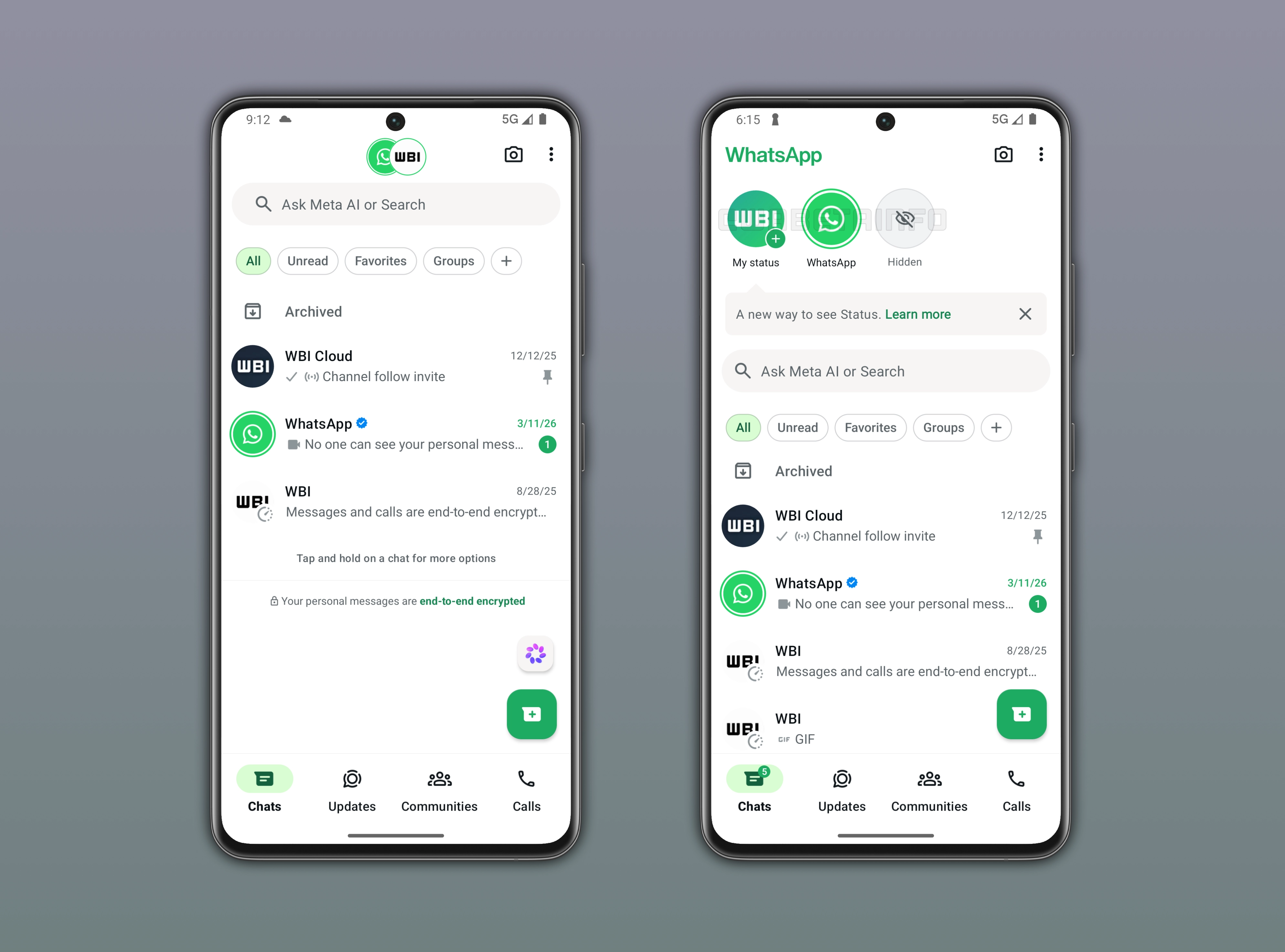 Feature that lets users see status updates from the Chats tab on WhatsApp beta for Android