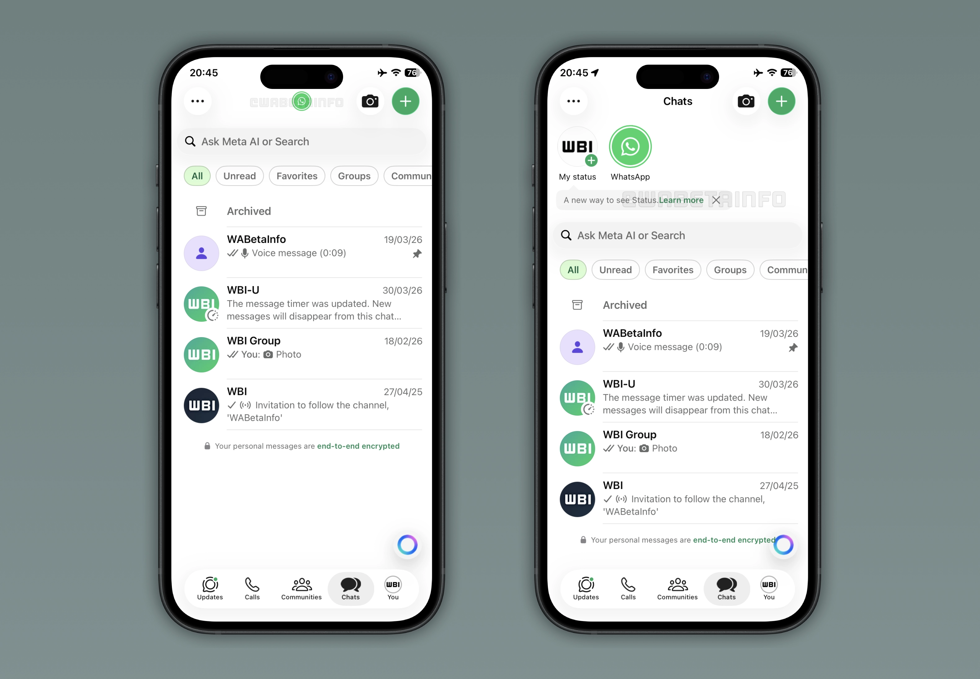 The image shows a feature that allows users to view status updates from the Chats tab