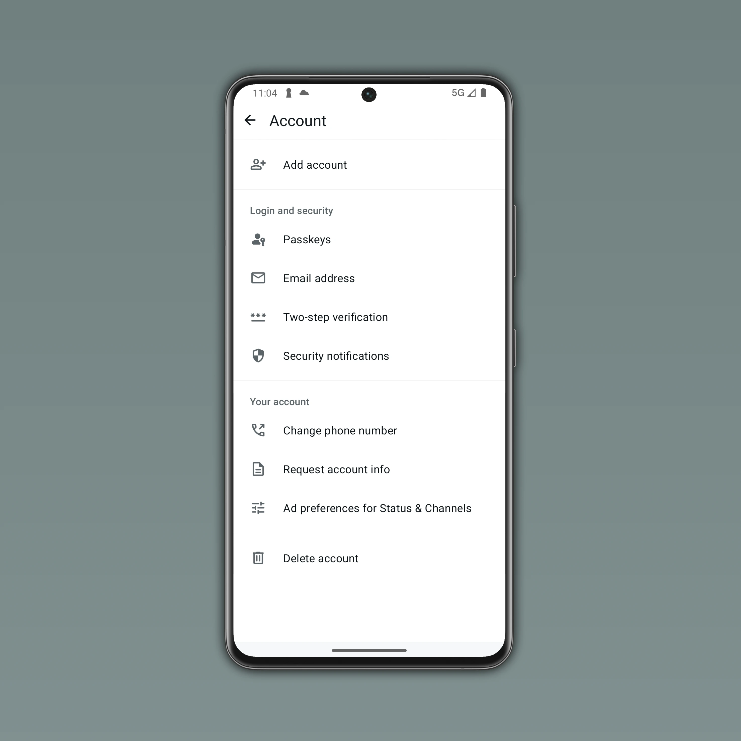 The image shows the Account section on WhatsApp for Android