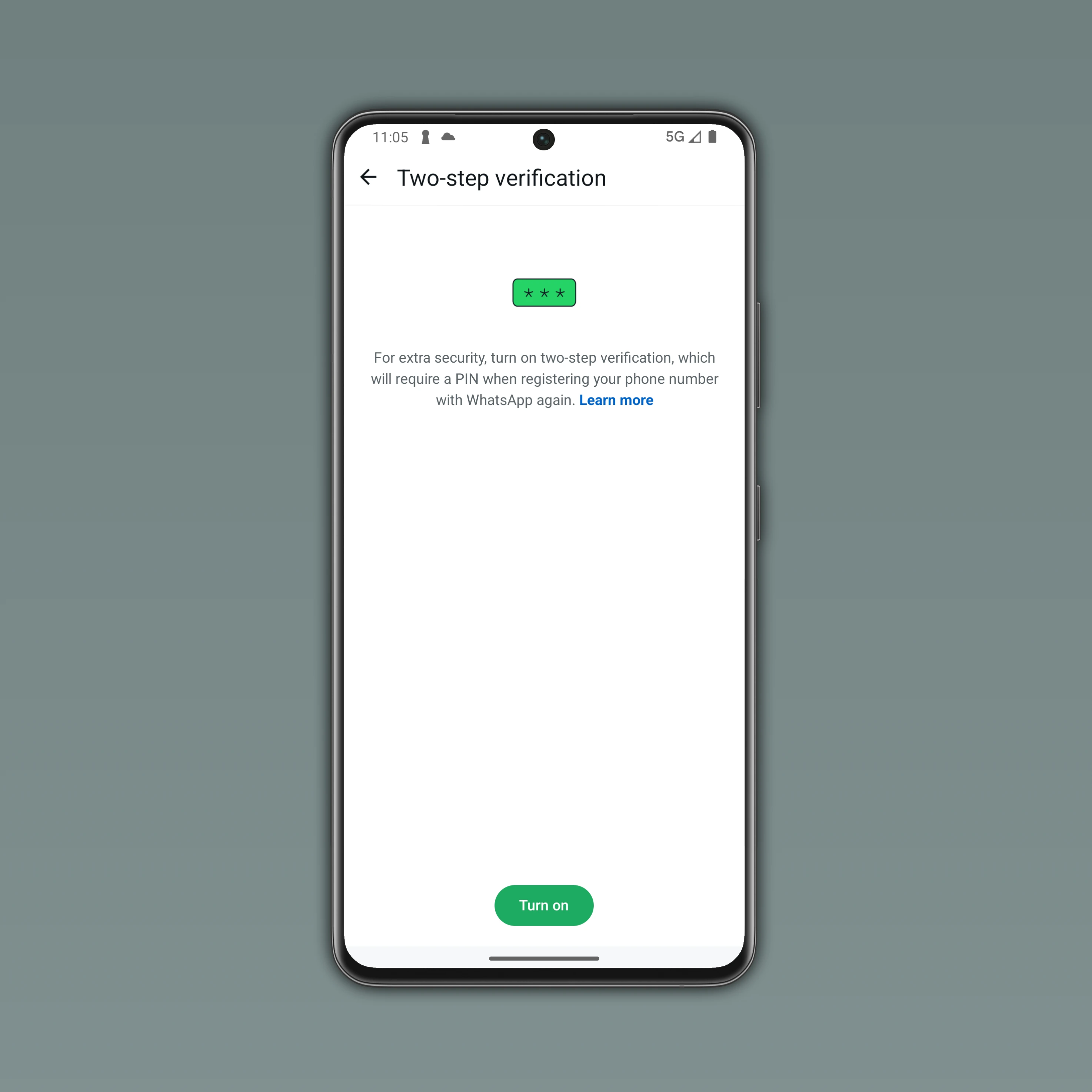 The image shows the two-step verification section on WhatsApp for Android