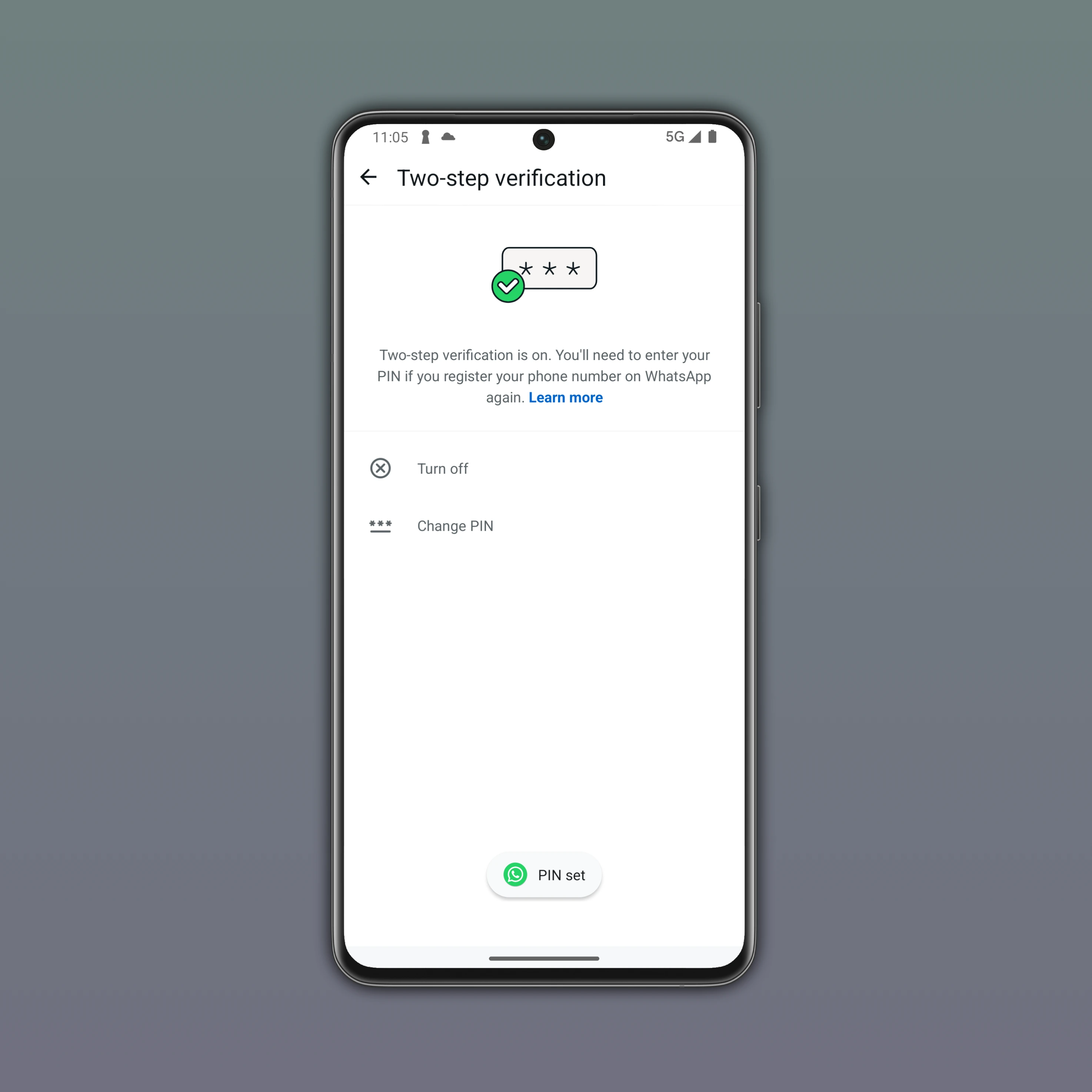 The image shows the two-step verification section after choosing the PIN on WhatsApp for Android