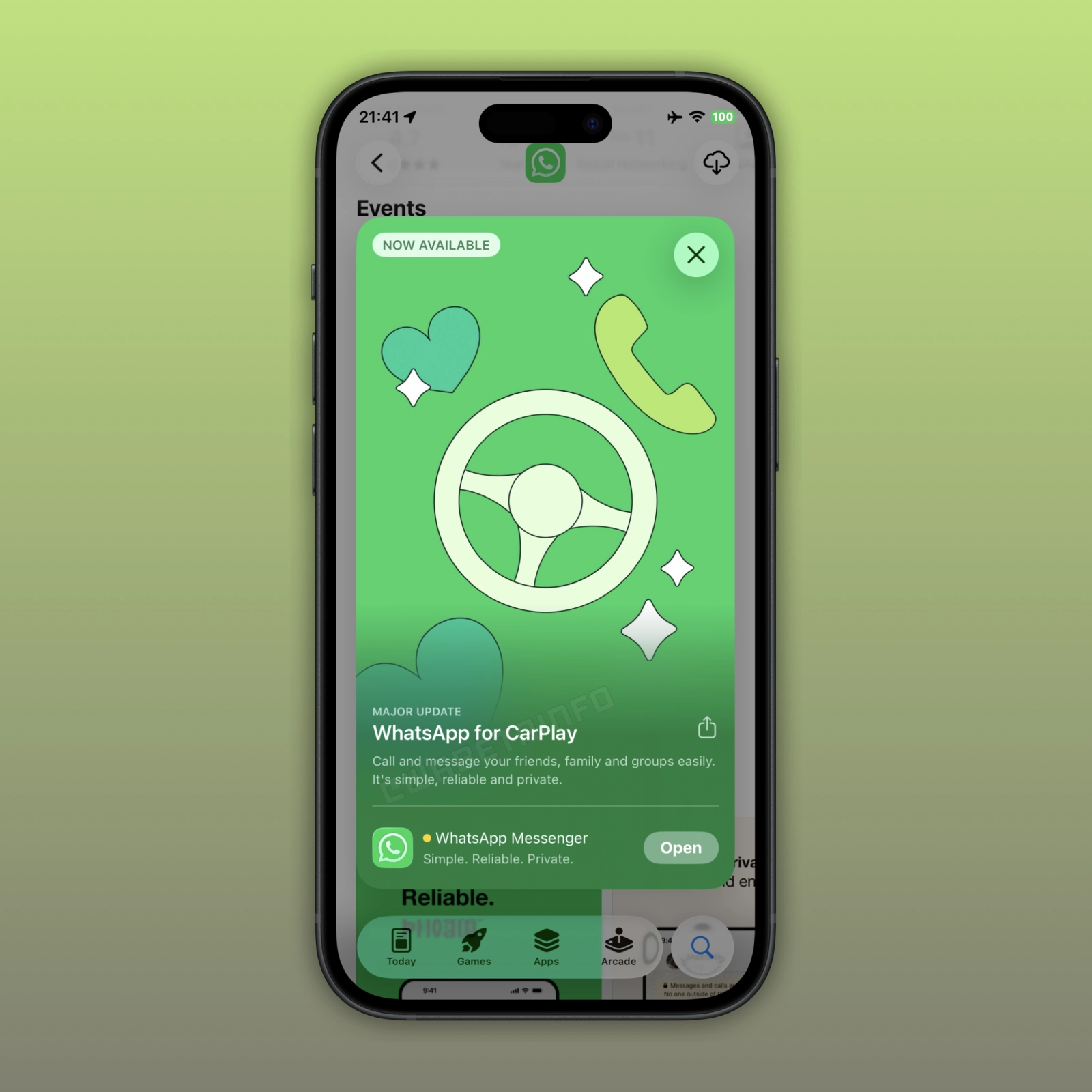 The image shows WhatsApp for CarPlay, a new official app available on the App Store