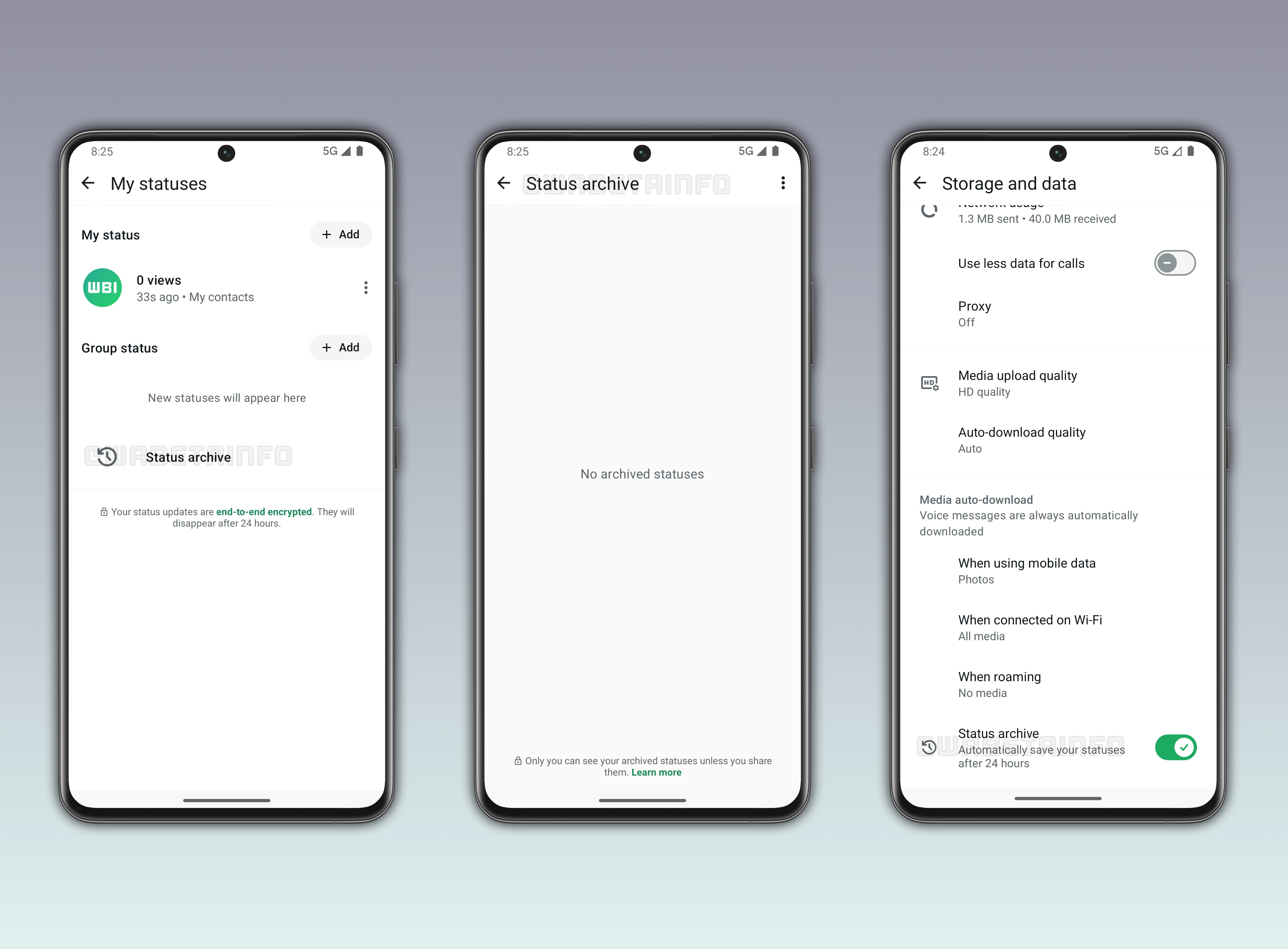 The image shows a feature to archive status updates on WhatsApp beta for Android