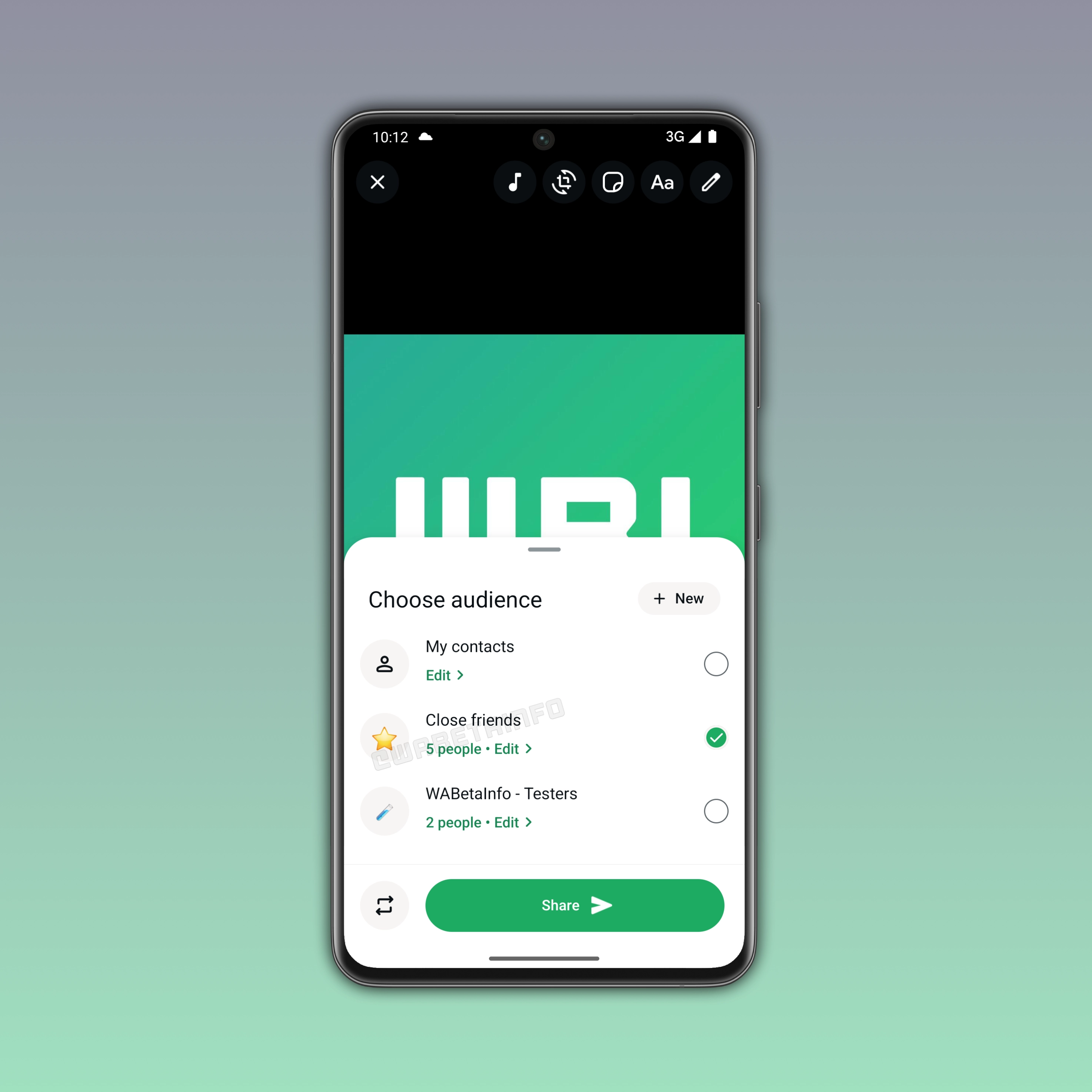 The image shows how users can choose the audience for their status updates on WhatsApp beta for Android