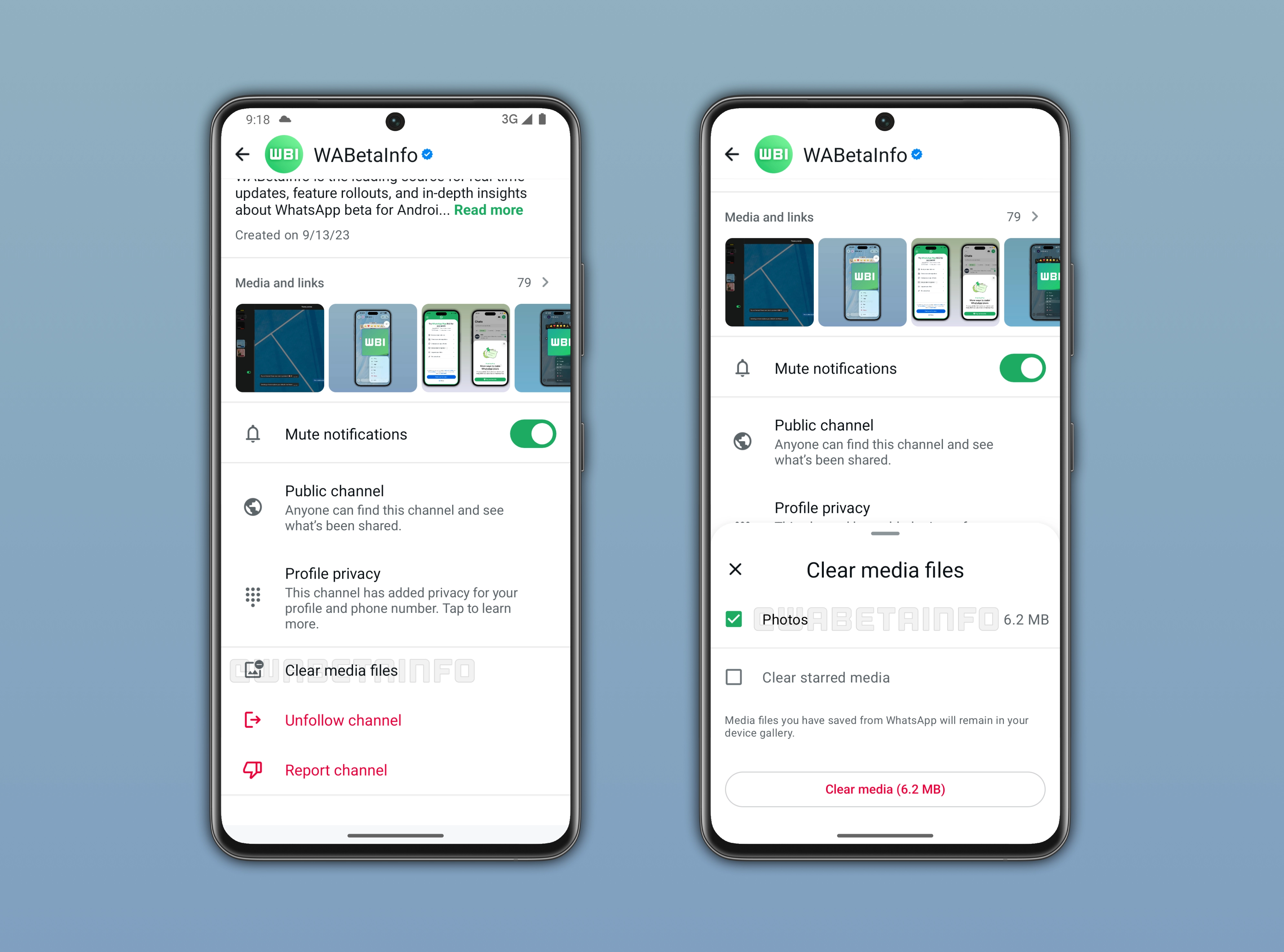 The image shows a feature that lets users clean up storage in their channels on WhatsApp beta for Android