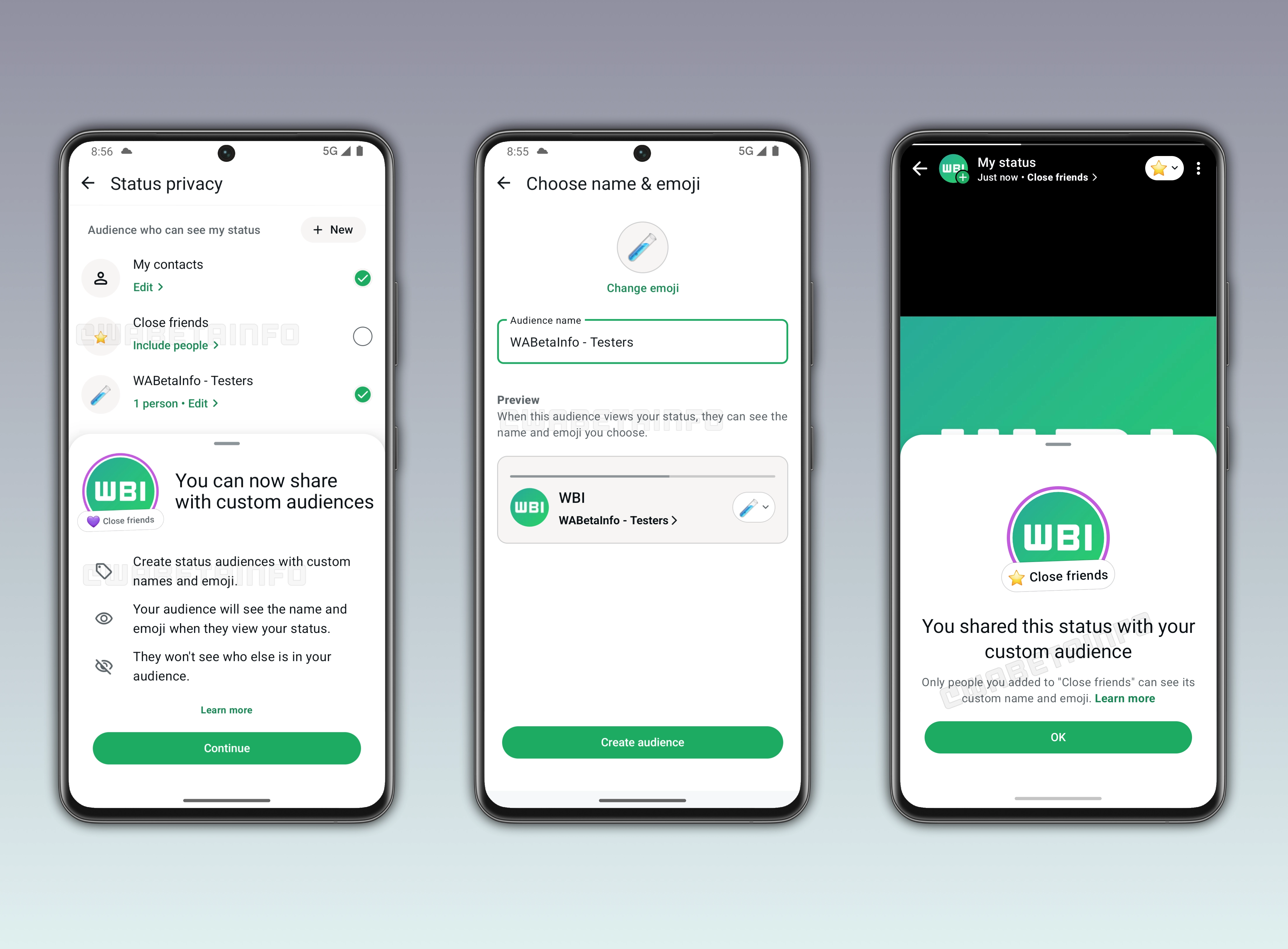 The image shows a feature that lets users choose their close friends or other custom audiences for status updates on WhatsApp beta for Android