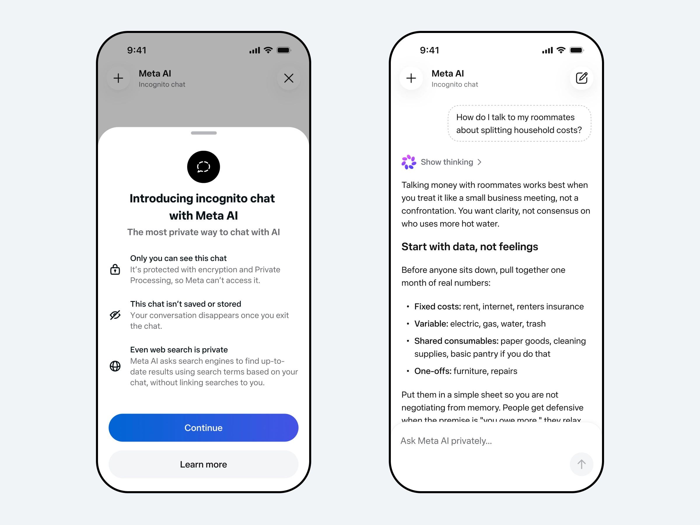 The image shows Incognito chat with Meta AI, a new feature to protect user interactions with the chatbot on WhatsApp