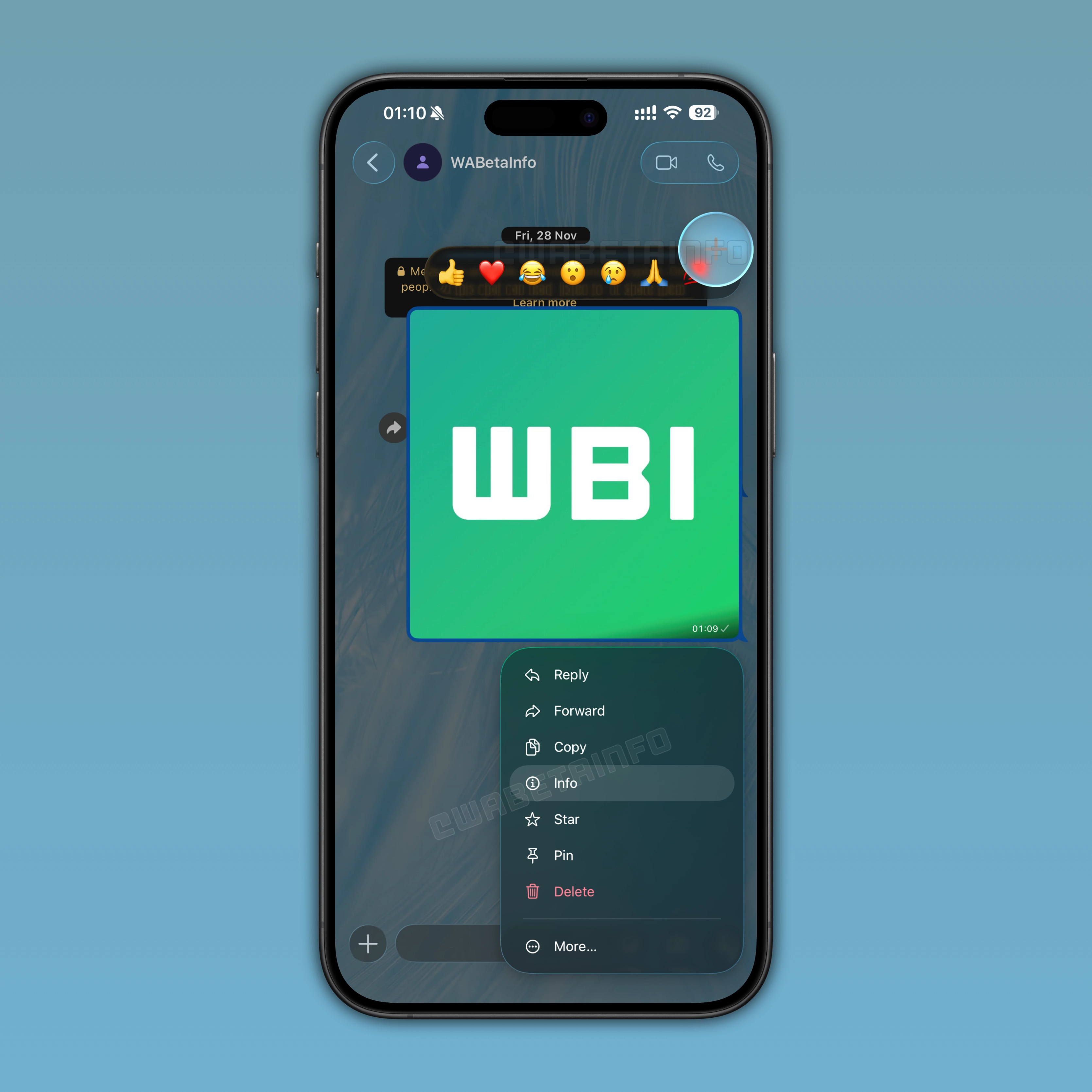 The image shows a Liquid-Glass compatible interface for message reactions and context menu on WhatsApp beta for iOS