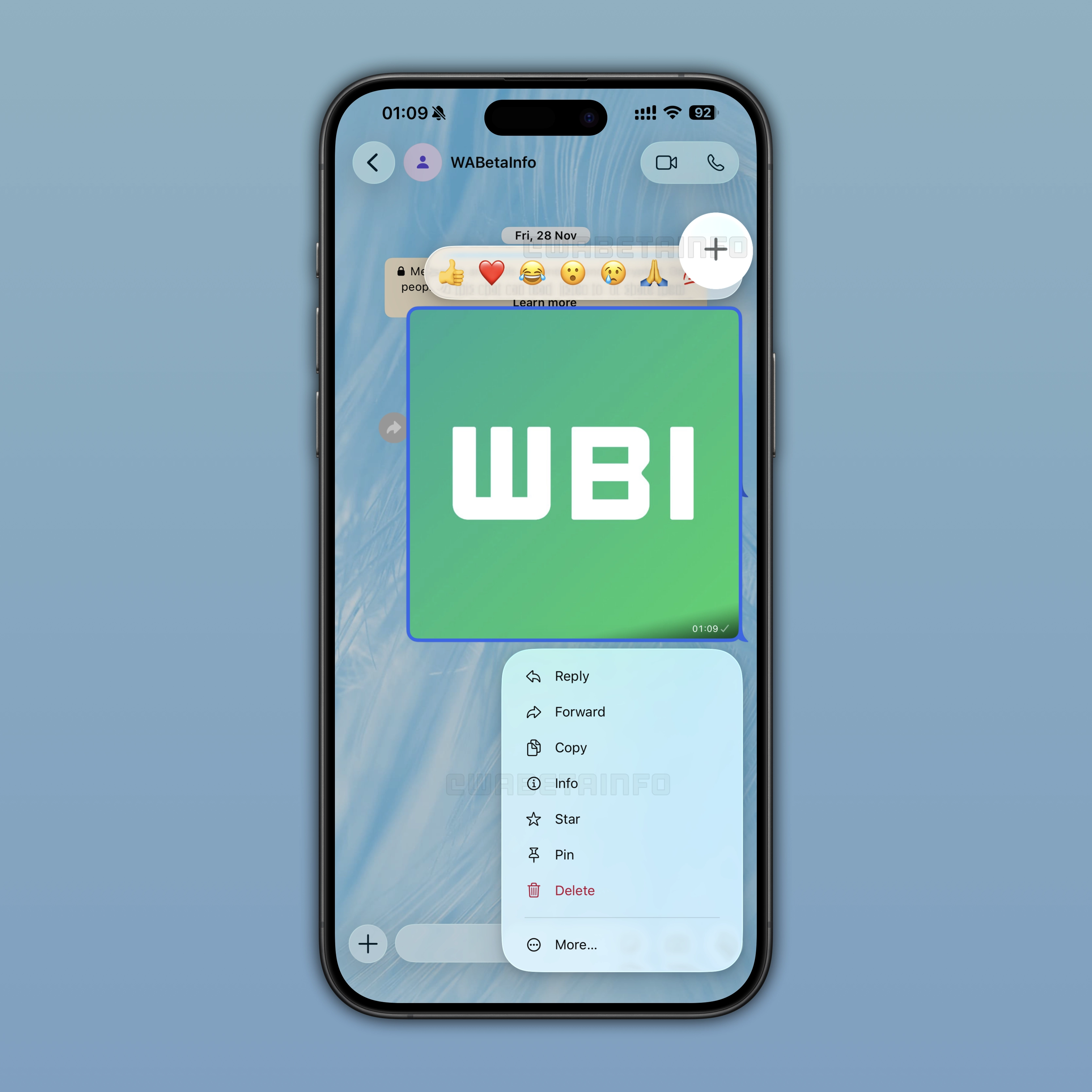 The image shows a Liquid-Glass compatible interface for message reactions and context menu on WhatsApp beta for iOS