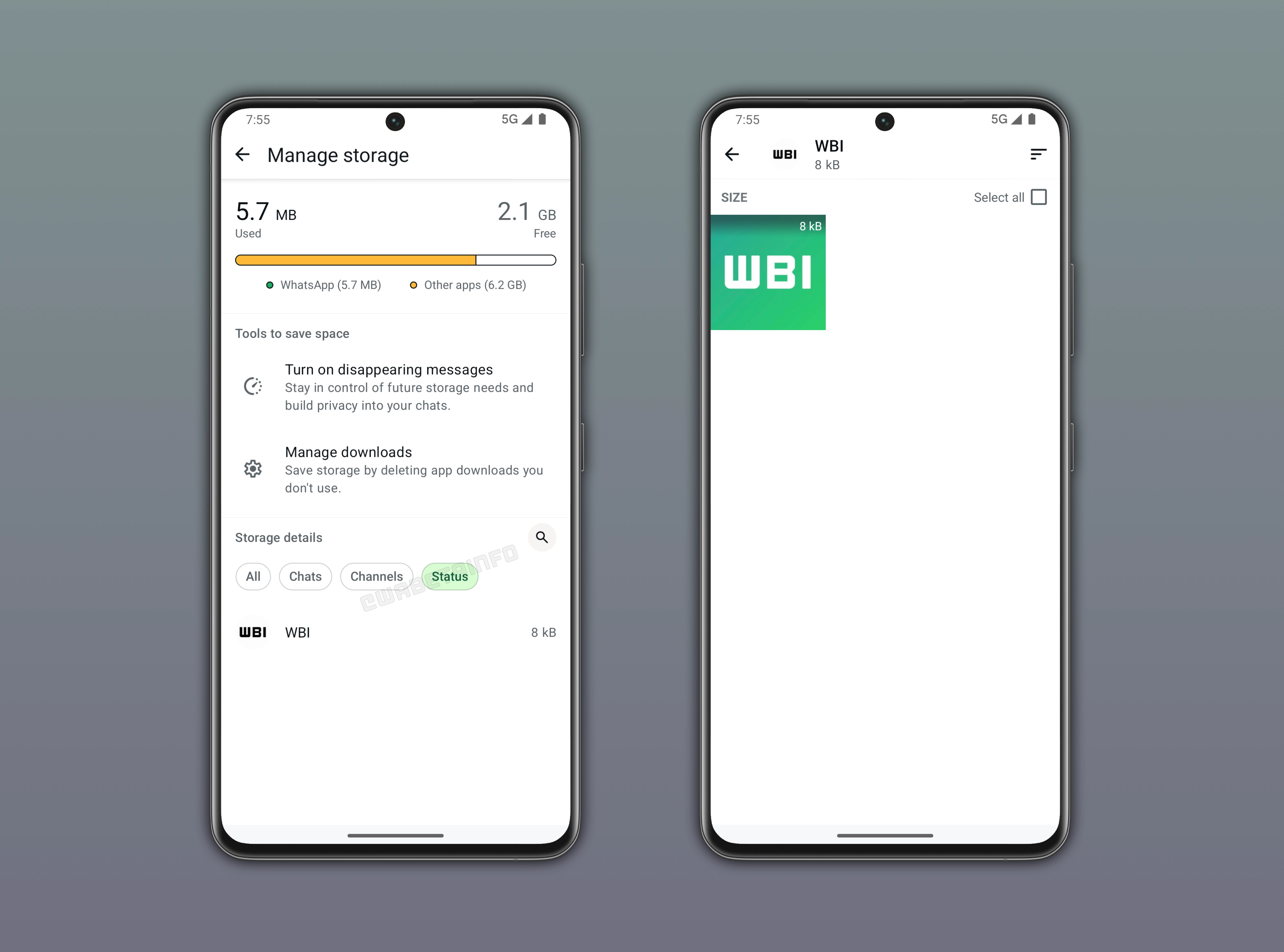 The image shows how users can manage storage for status updates on WhatsApp beta for Android