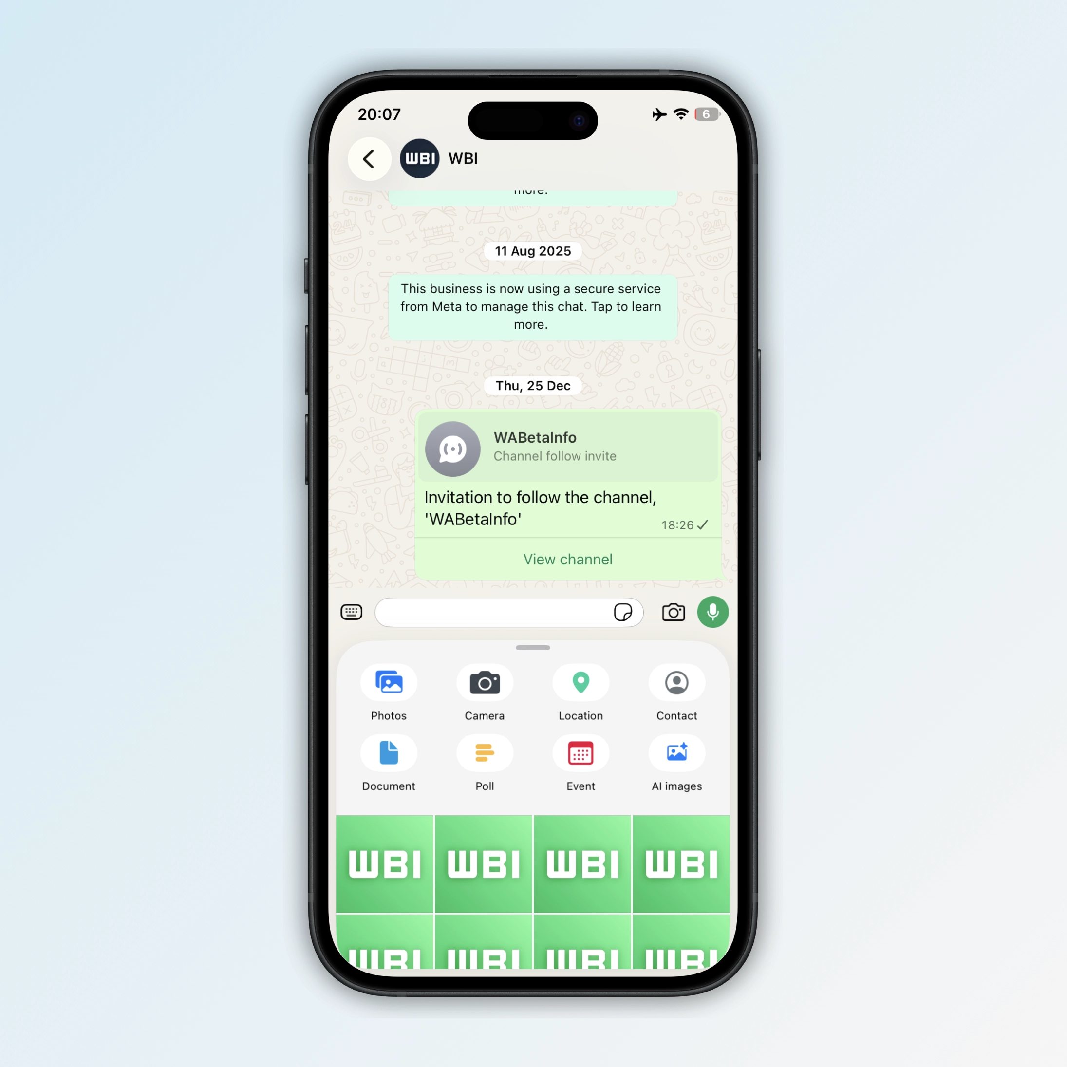 The image shows a gallery interface in the chat attachment sheet on WhatsApp for iOS