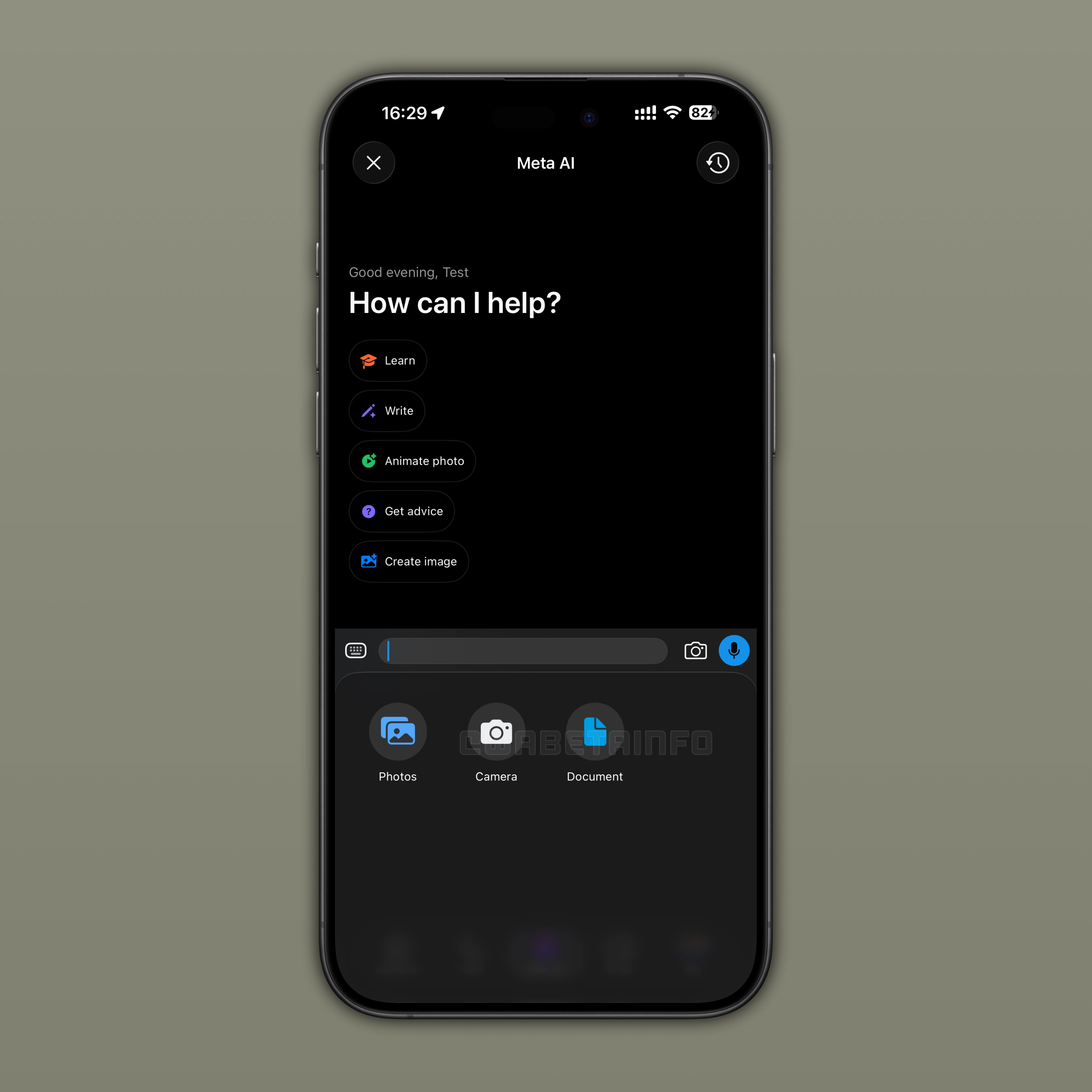 The image shows a feature that lets users share documents with Meta AI on WhatsApp beta for iOS