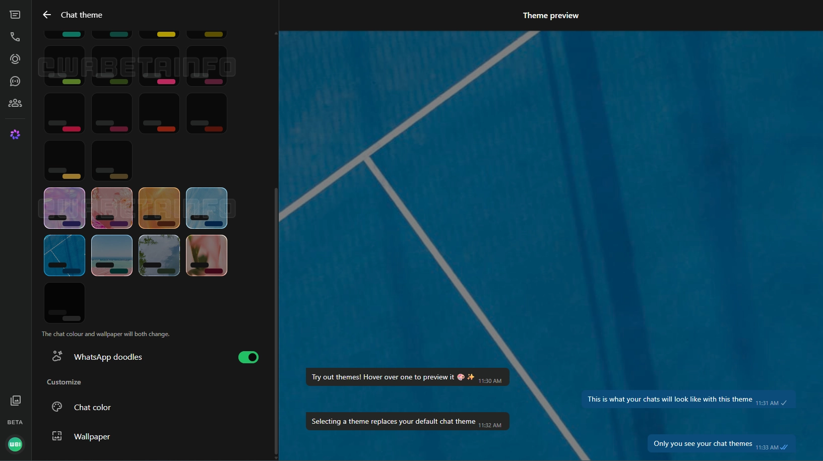 The image shows a feature that allows users to choose a chat theme on WhatsApp Web