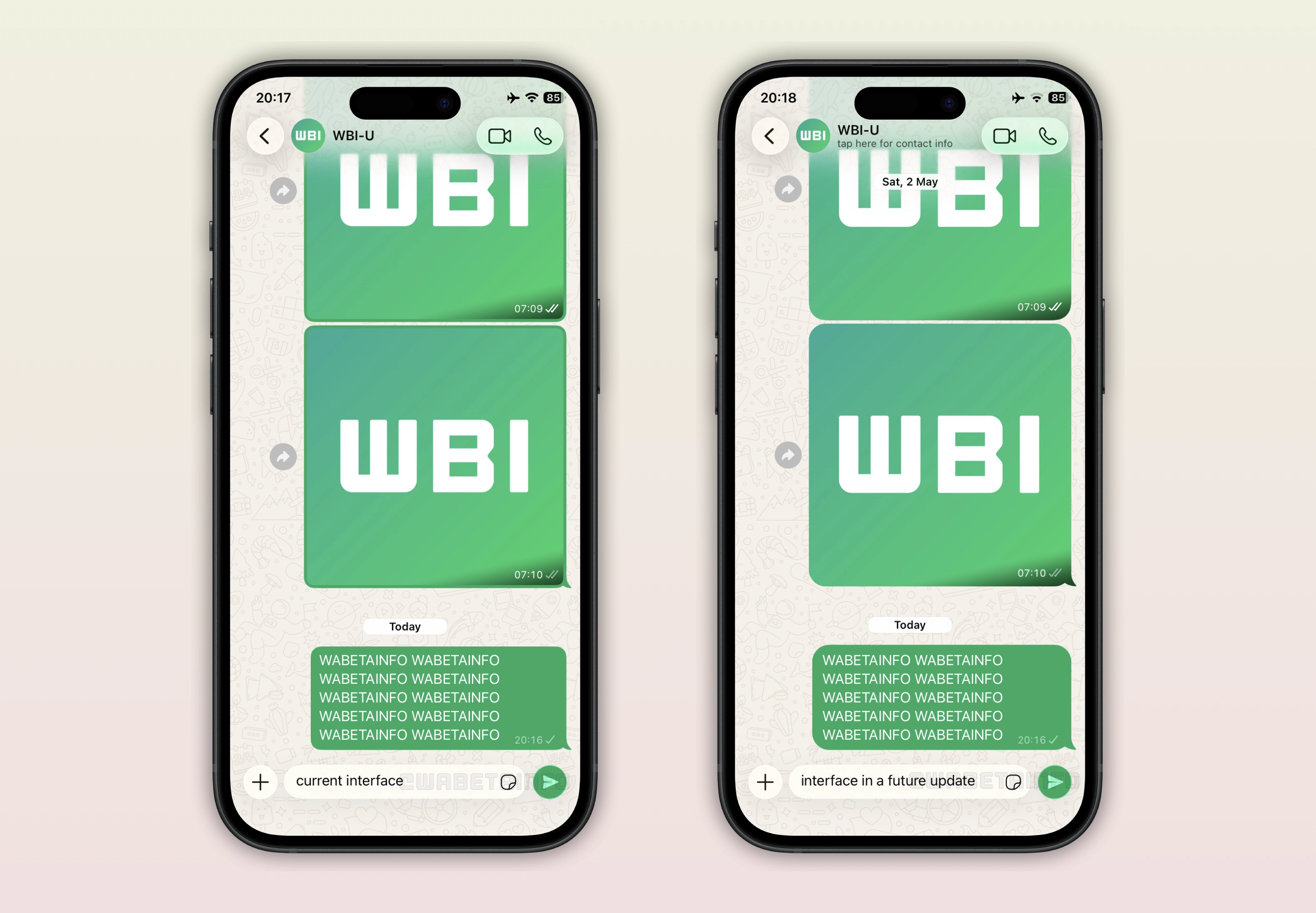 The image shows a more modern design for chat message bubbles on WhatsApp beta for iOS