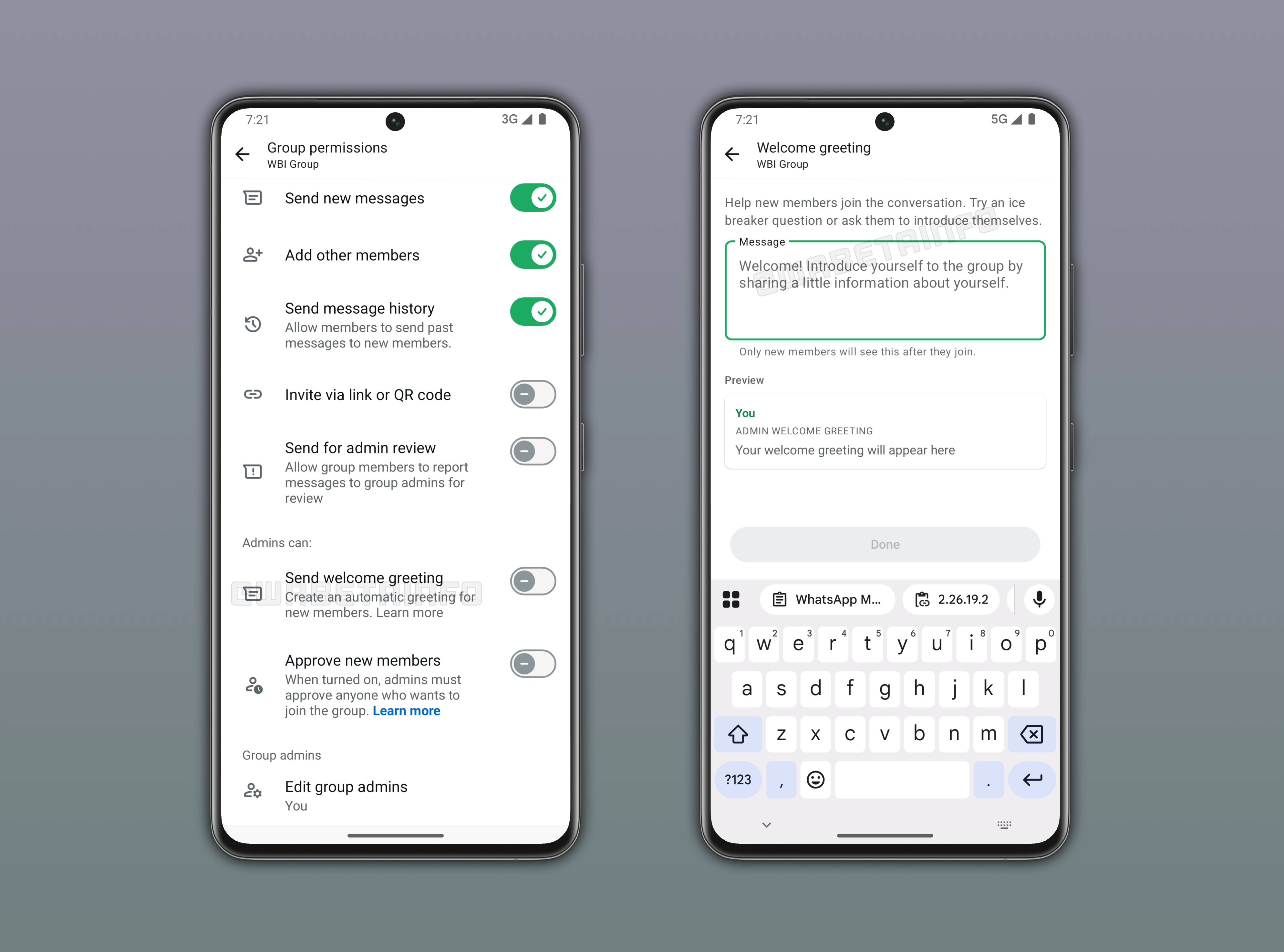 The image shows a feature that lets users share greeting messages in group chats on WhatsApp beta for Android