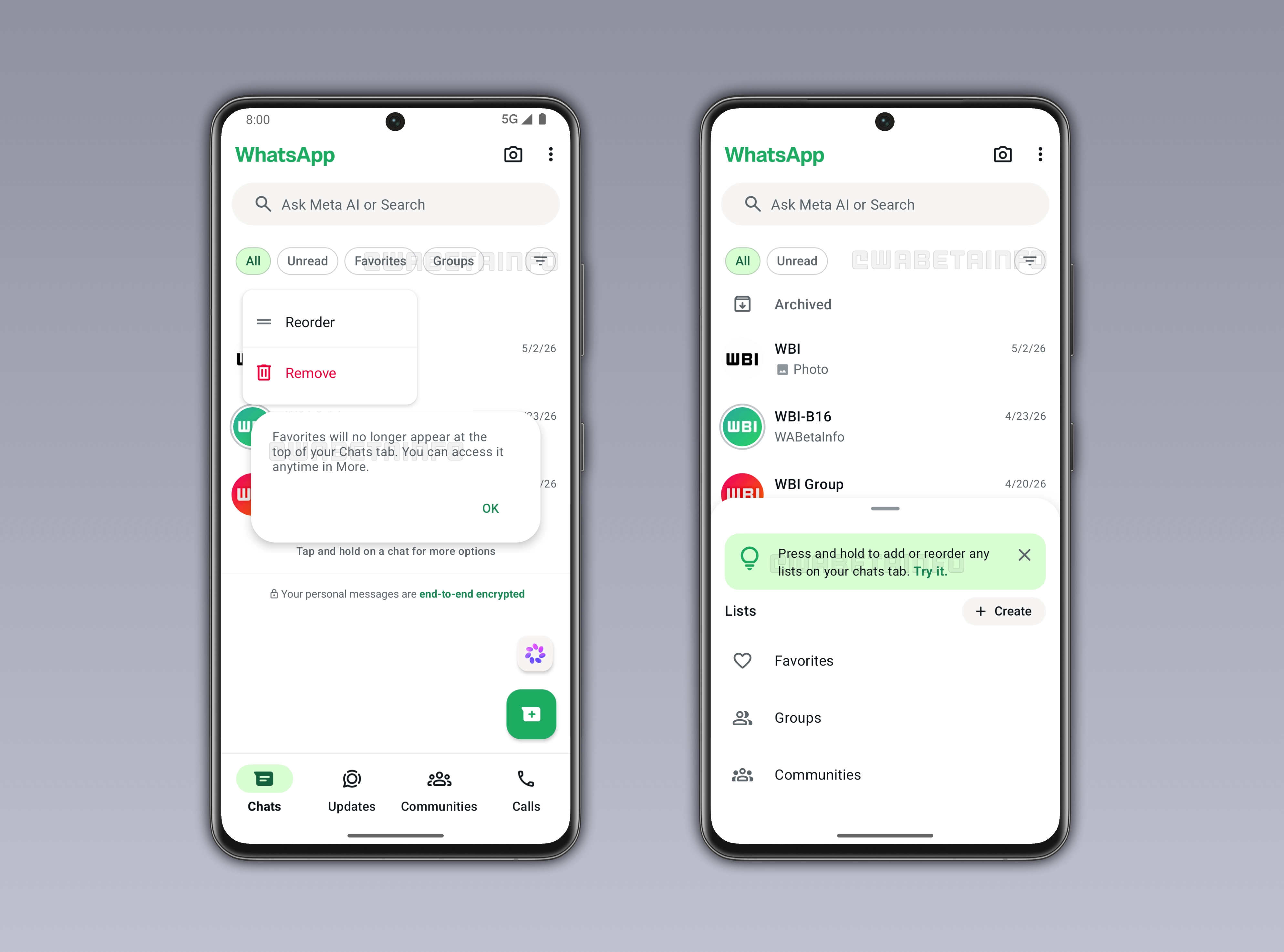 The image shows a new interface for chat lists on WhatsApp beta for Android