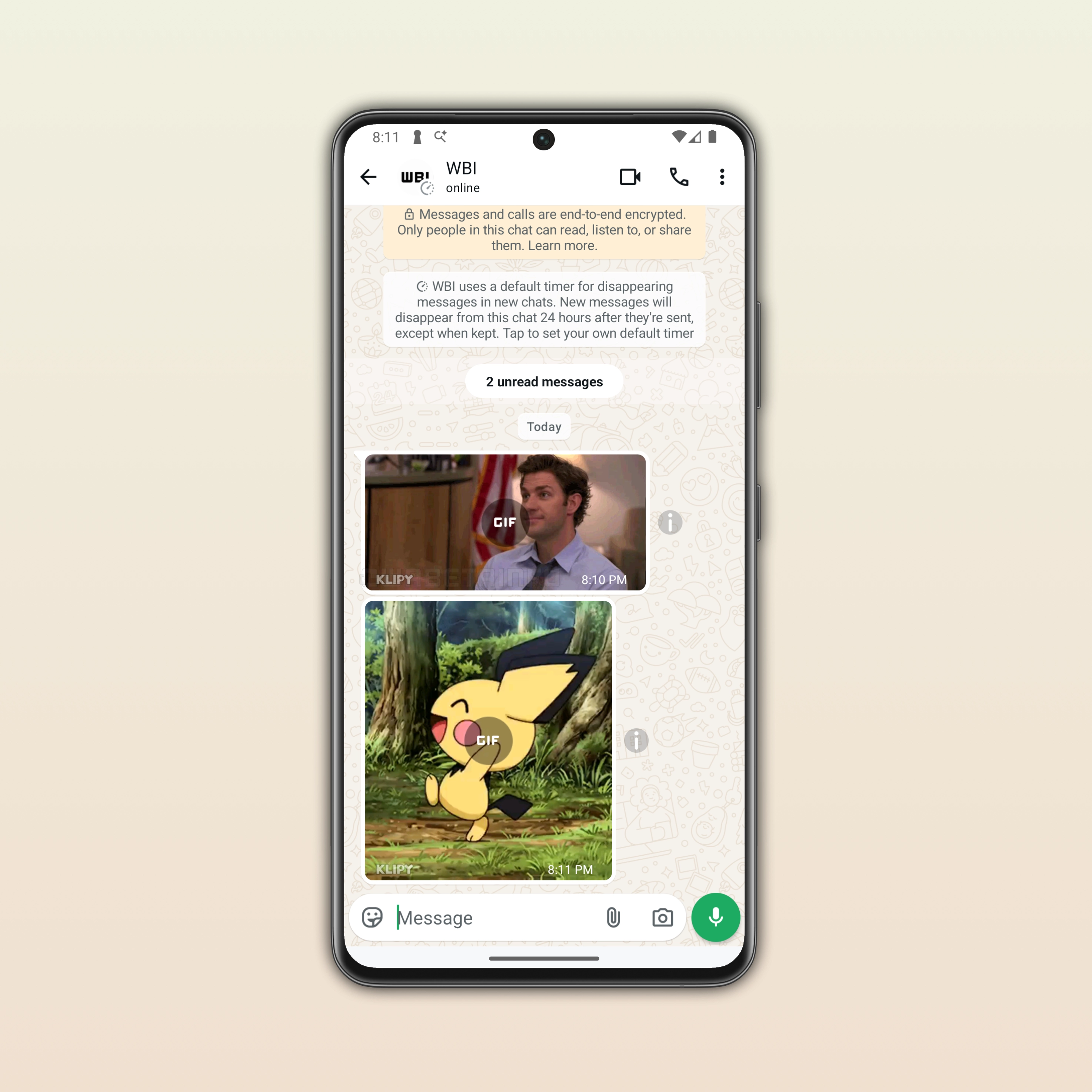 The image shows the new Klipy GIF provider on WhatsApp beta for Android