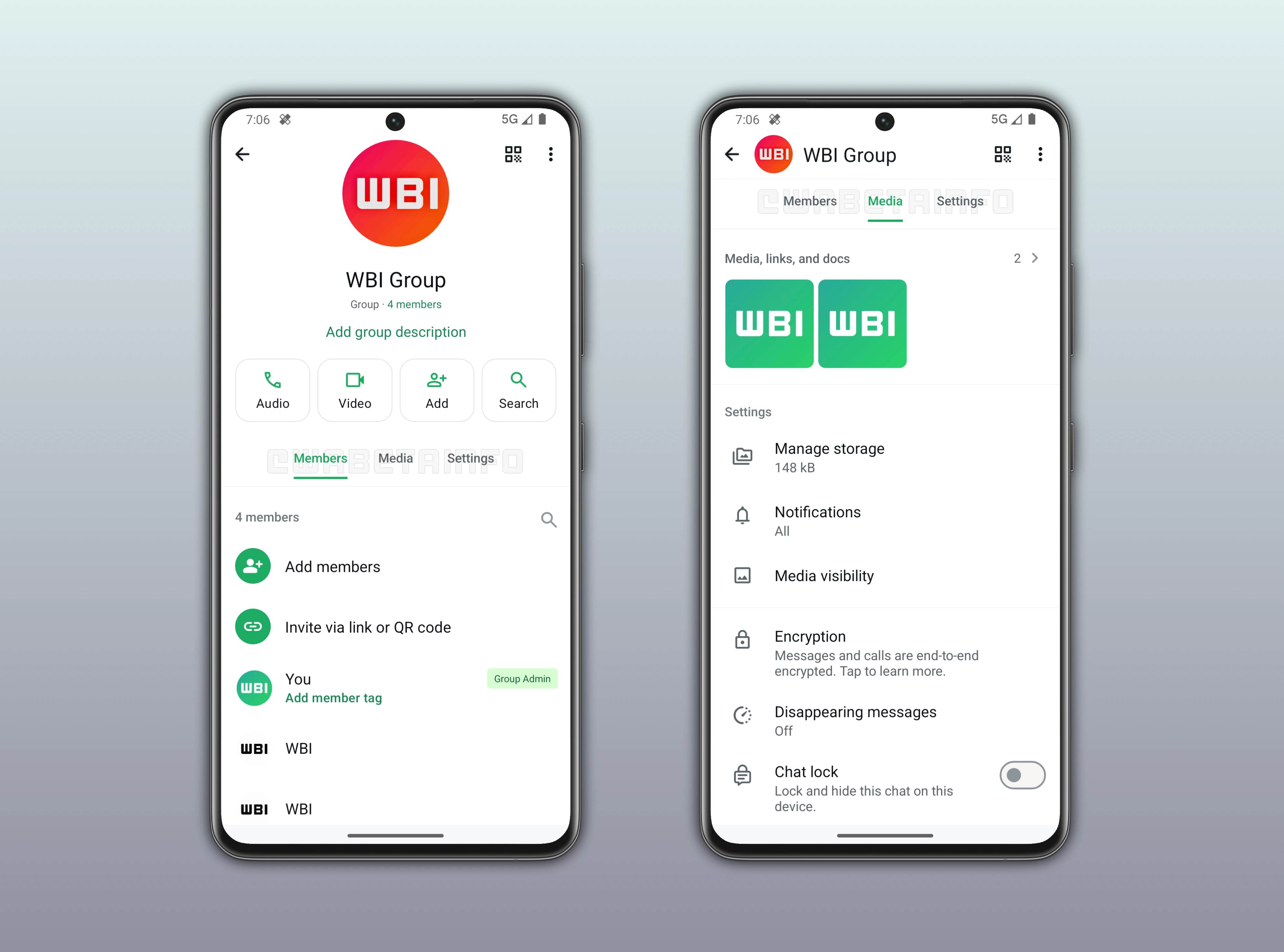 The image shows a new navigation system for the group chat info screen on WhatsApp beta for Android
