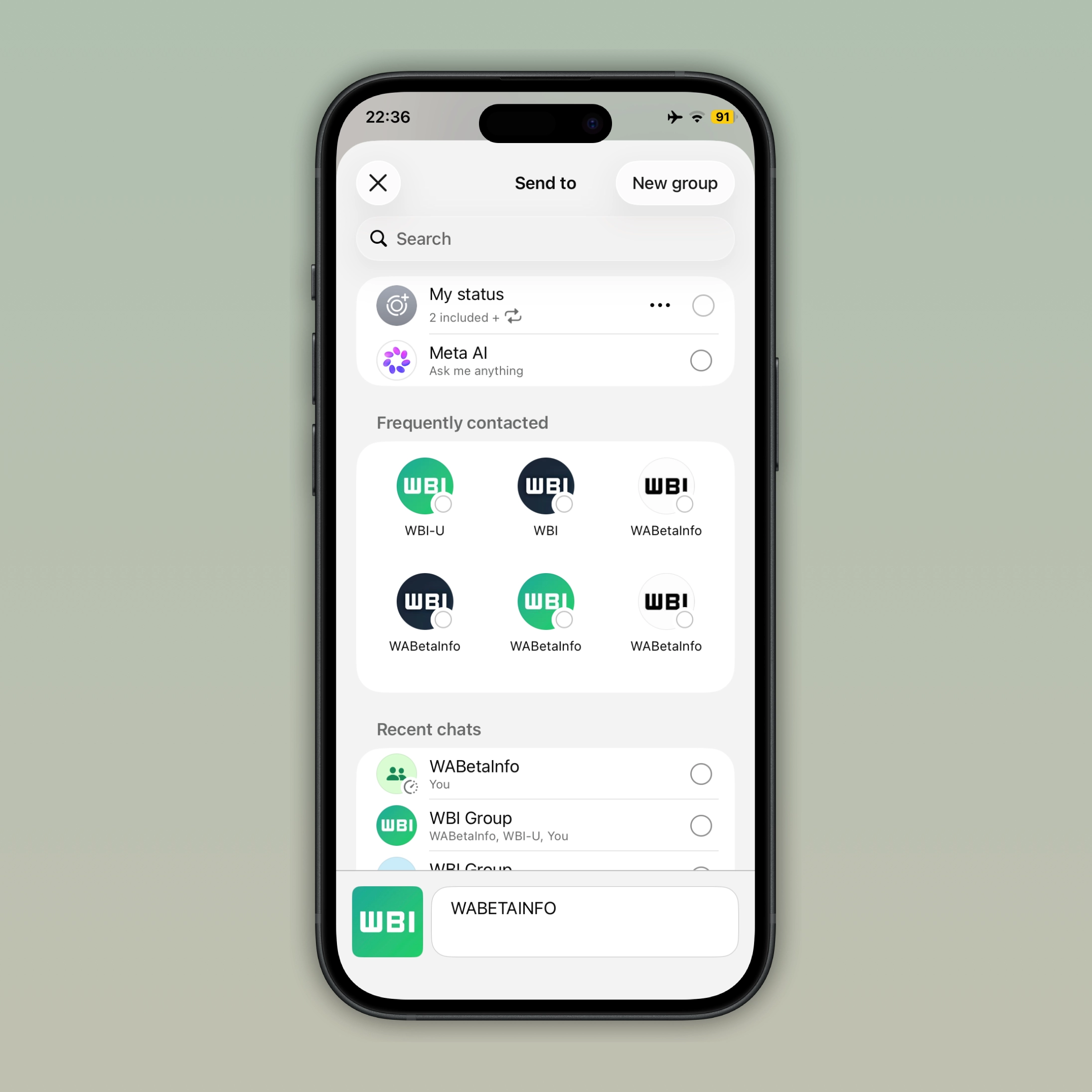 The image shows a redesigned forward picker screen with a contact grid in WhatsApp for iOS