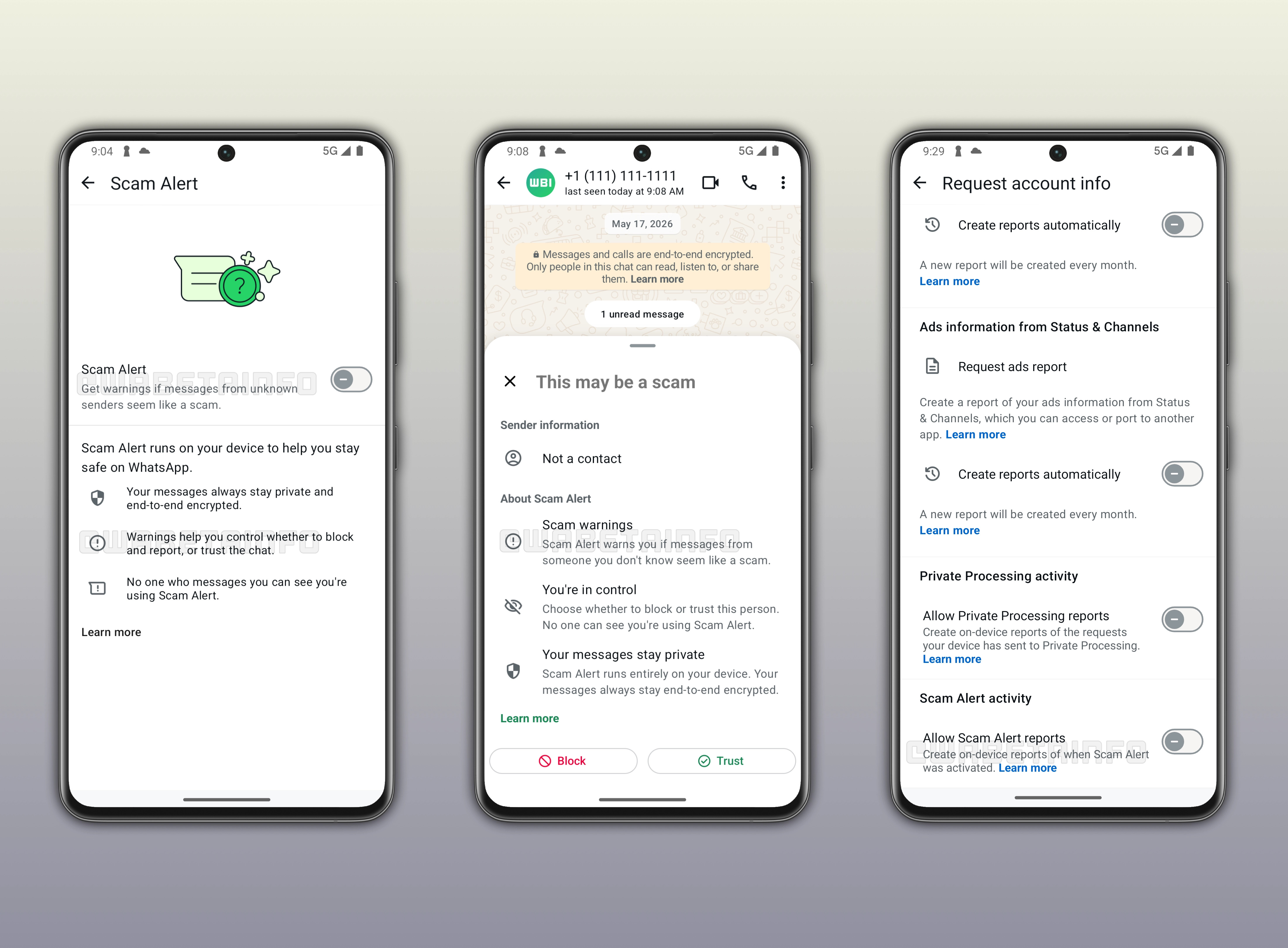 The image shows the Scam Alert feature on WhatsApp beta for Android, a functionality that warns users about a potential scam message from unknown contacts