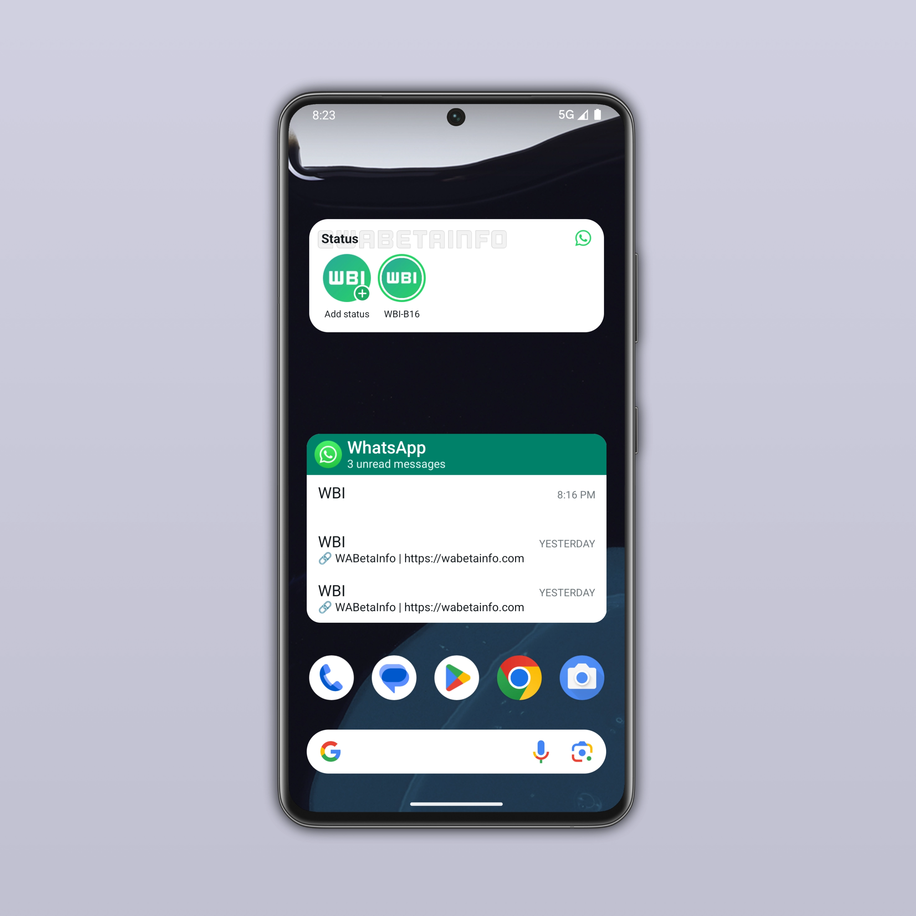 The image shows a new widget that lets users see who shared status updates on WhatsApp beta for Android