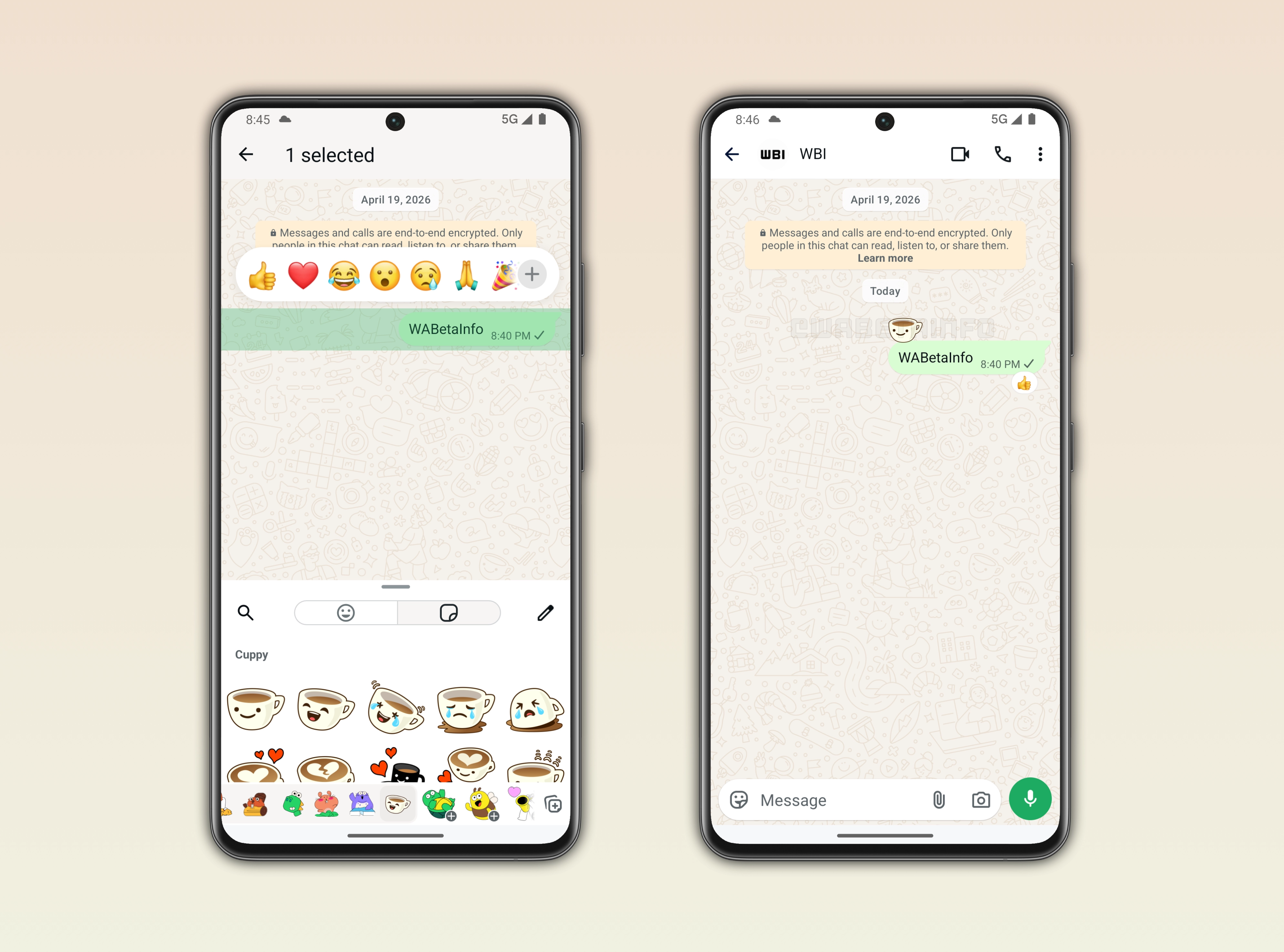 The image shows a feature that allows users to react to messages using both stickers and emojis on WhatsApp beta for Android
