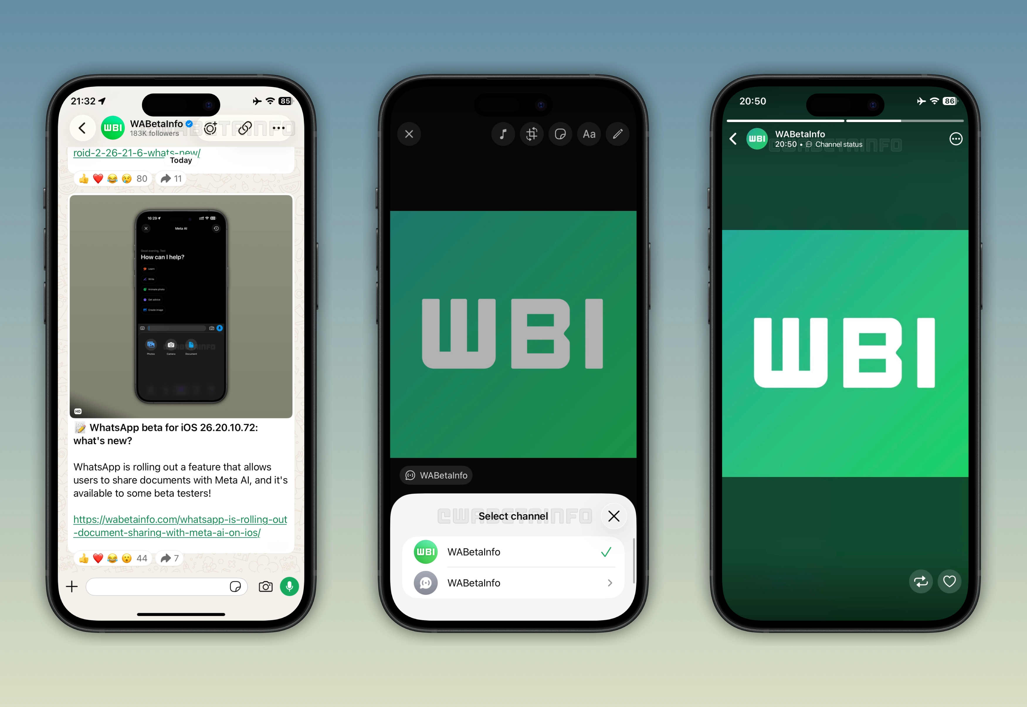 The image shows a feature that lets admins share status updates in their channels on WhatsApp for iOS