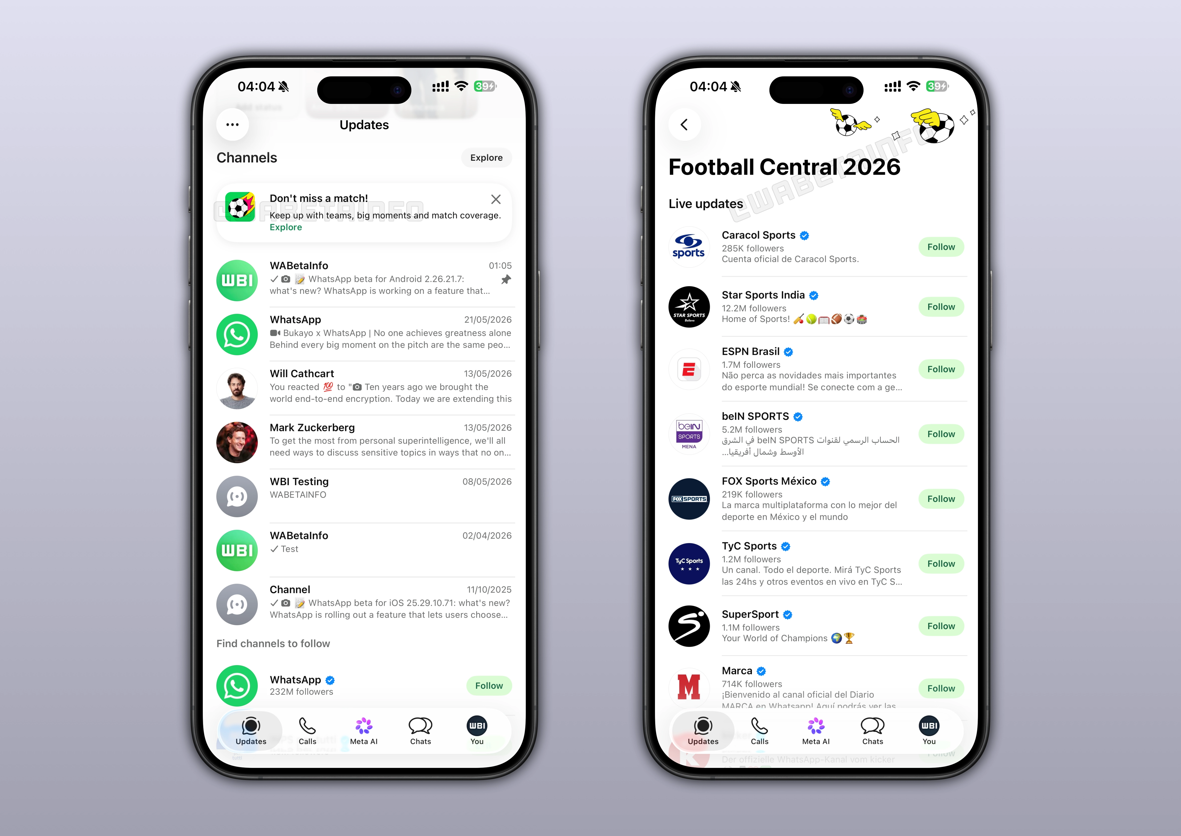 The image shows the Football Central channel category for the 2026 World Cup on WhatsApp for iOS