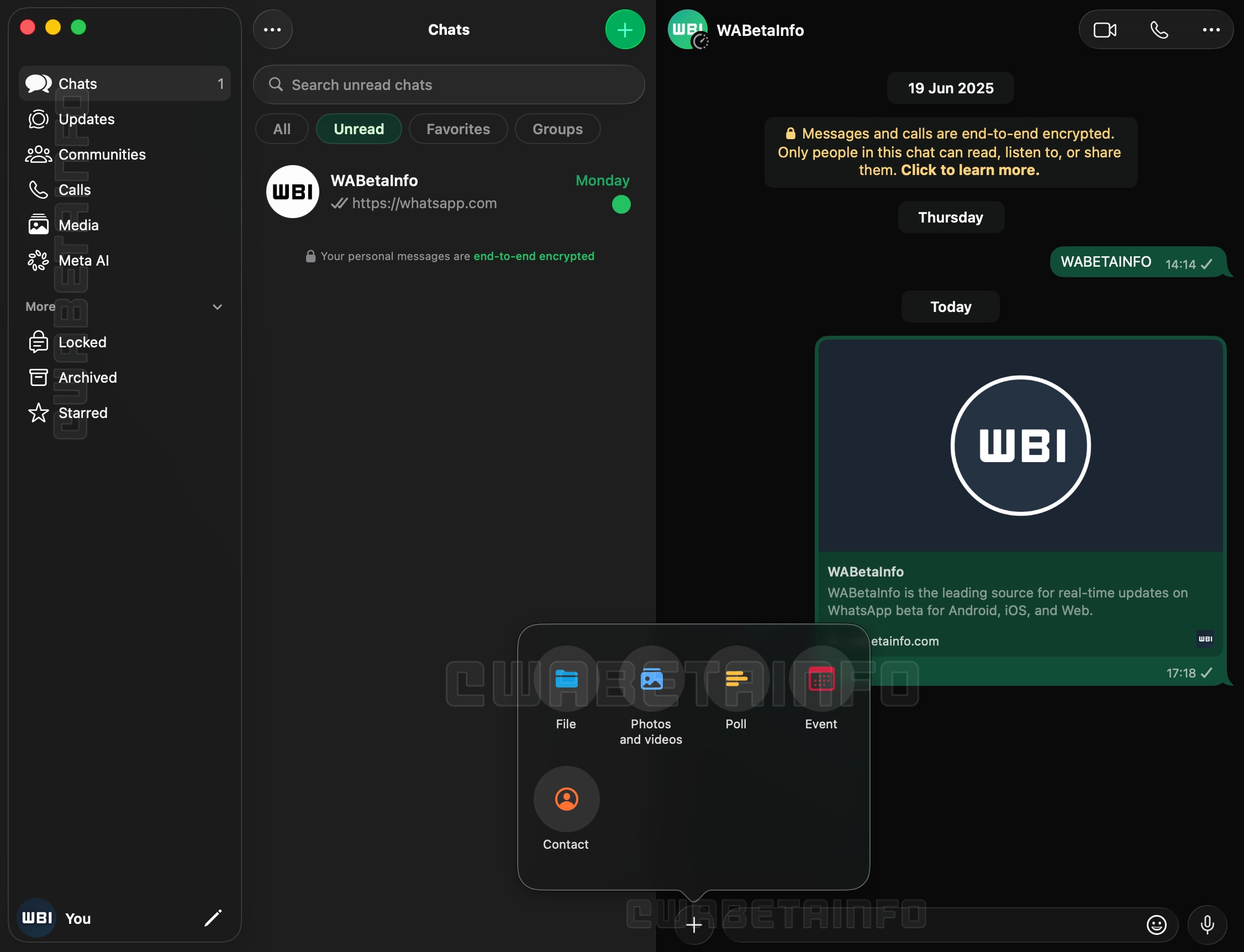 The image shows the new WhatsApp for Mac app with a new interface, compatible with Liquid Glass