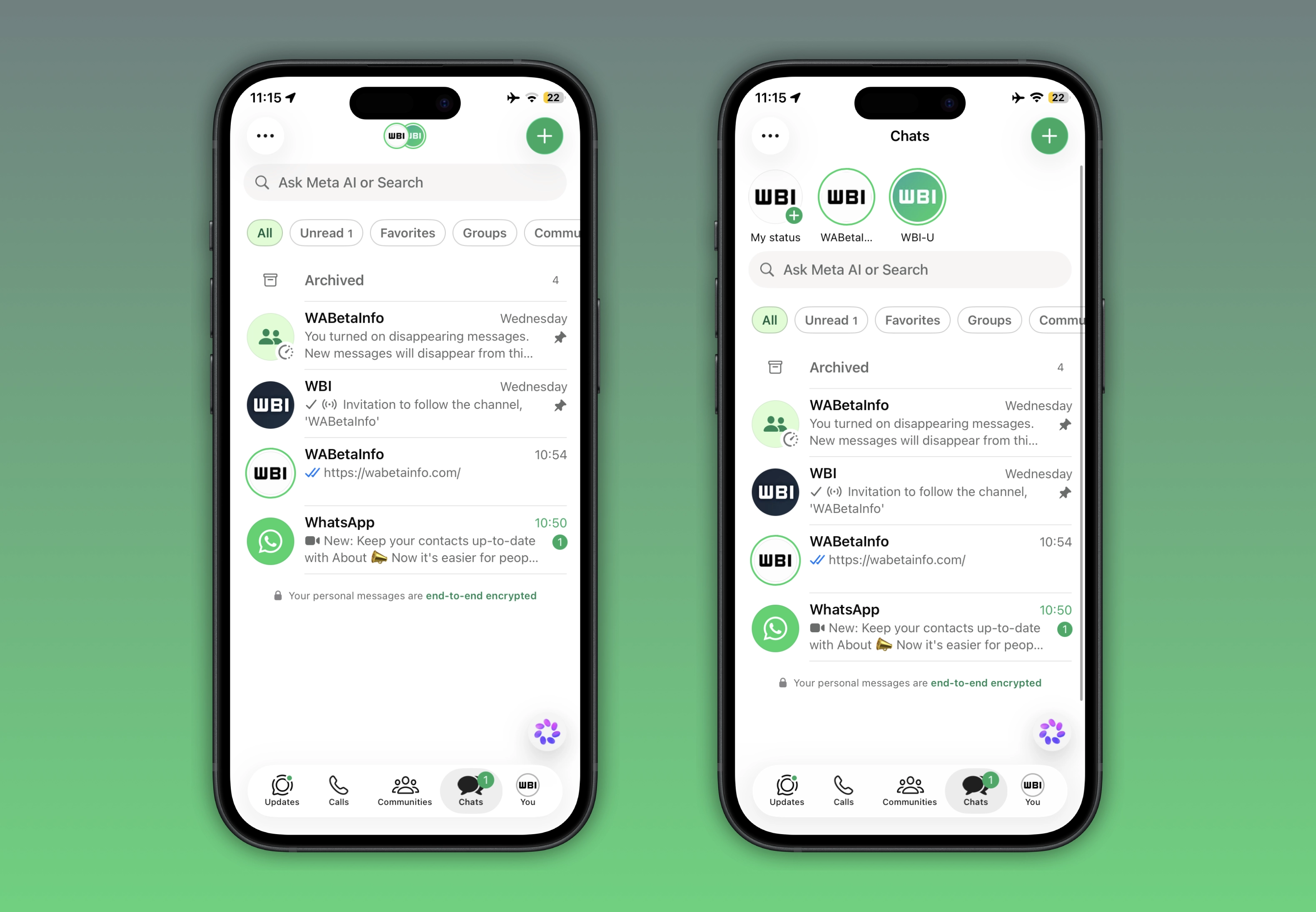 The image shows a feature that adds status updates to the top of the Chats tab on WhatsApp beta for iOS