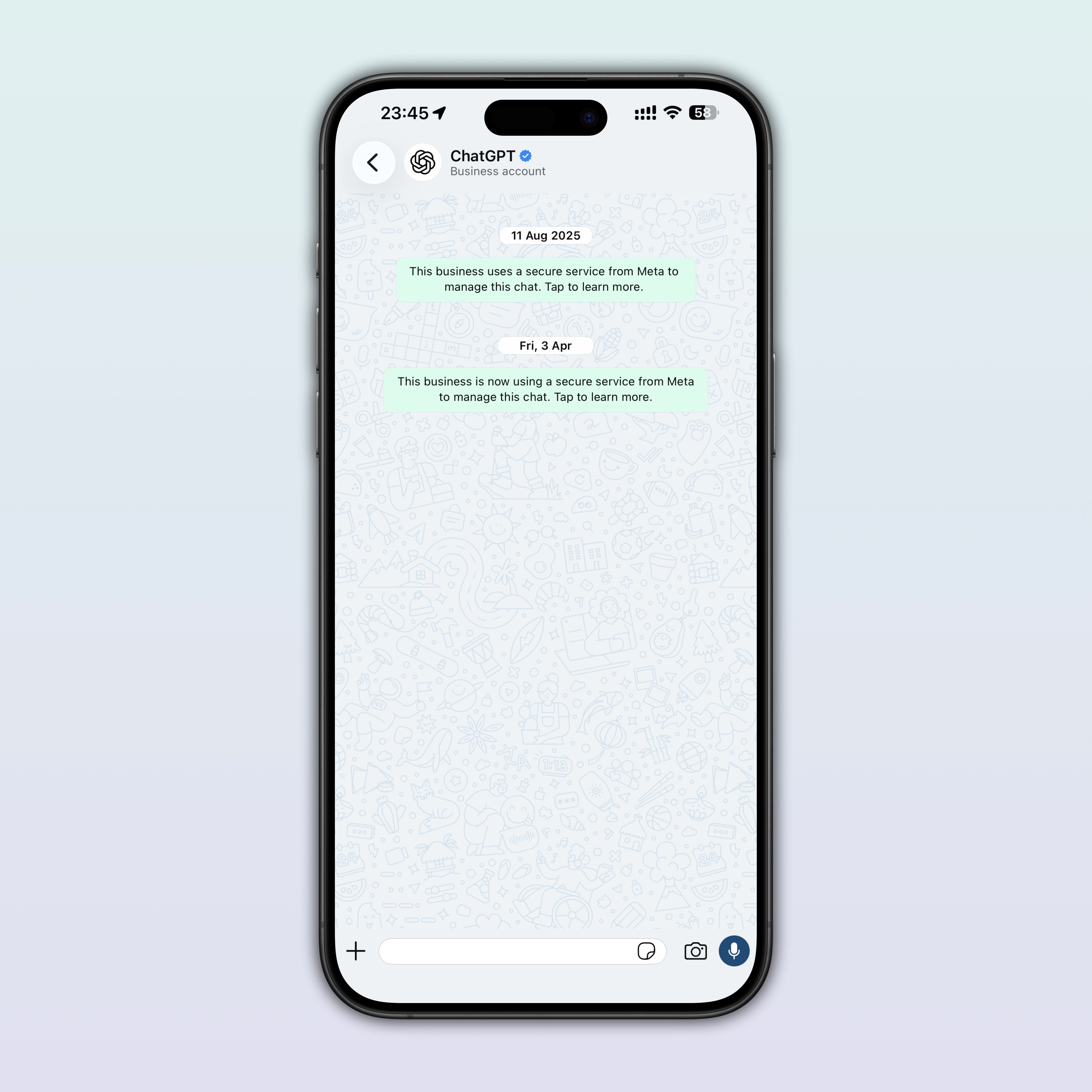 The image shows the conversation interface with ChatGPT on WhatsApp