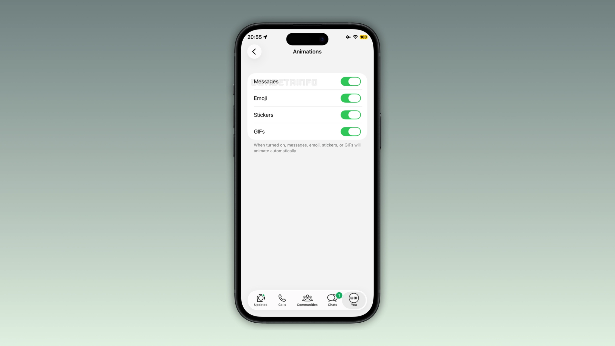 The image shows a feature that lets users enable message sending animations in WhatsApp beta for iOS