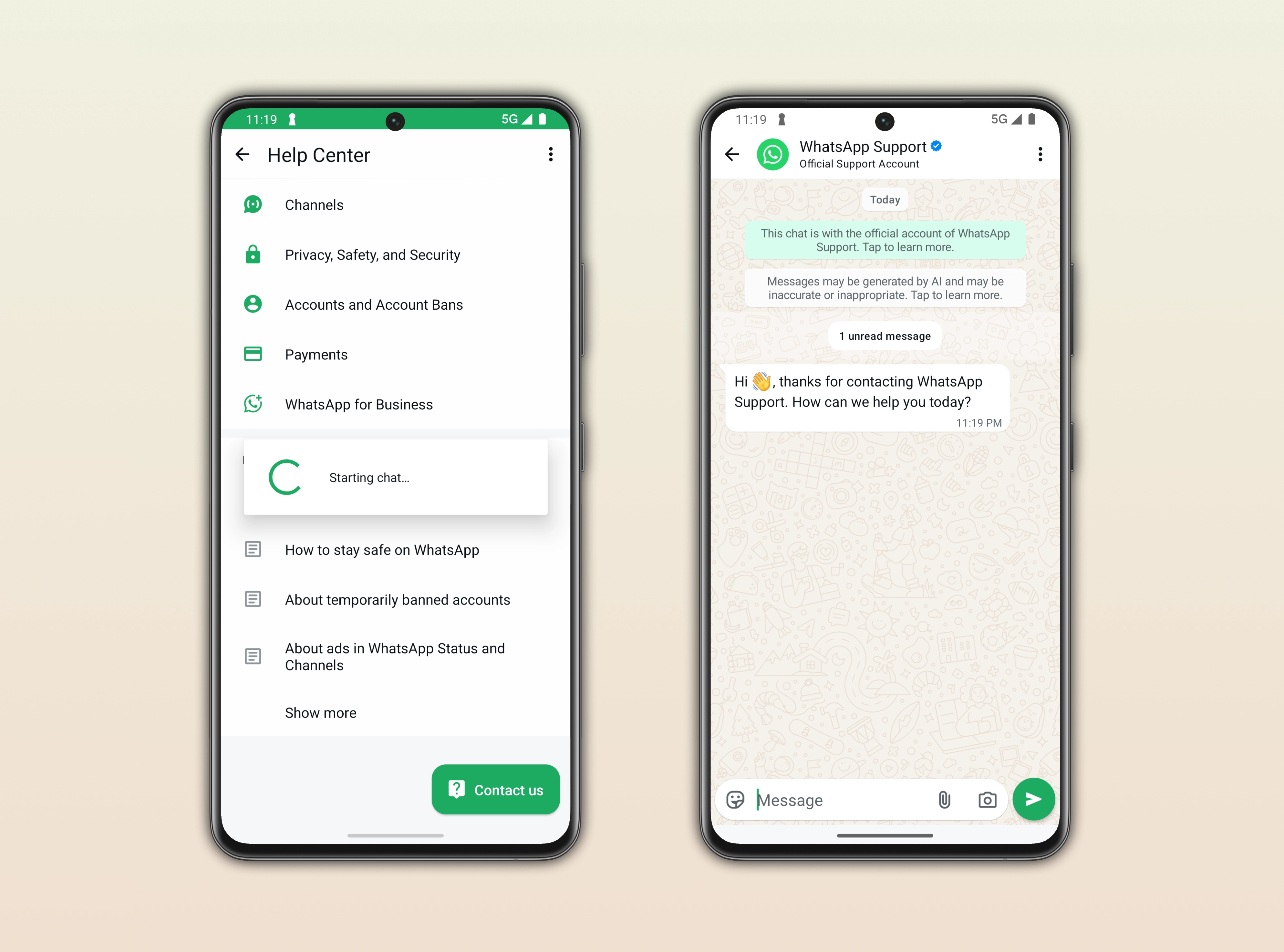 The image shows how to contact WhatsApp Support